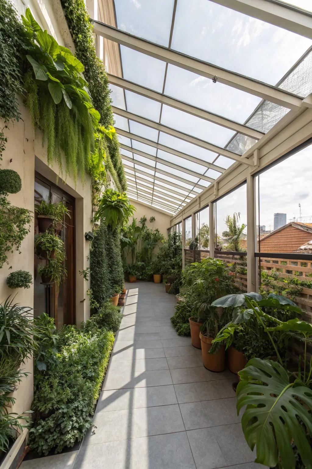 A plant paradise patio with a clear roof and lush greenery.