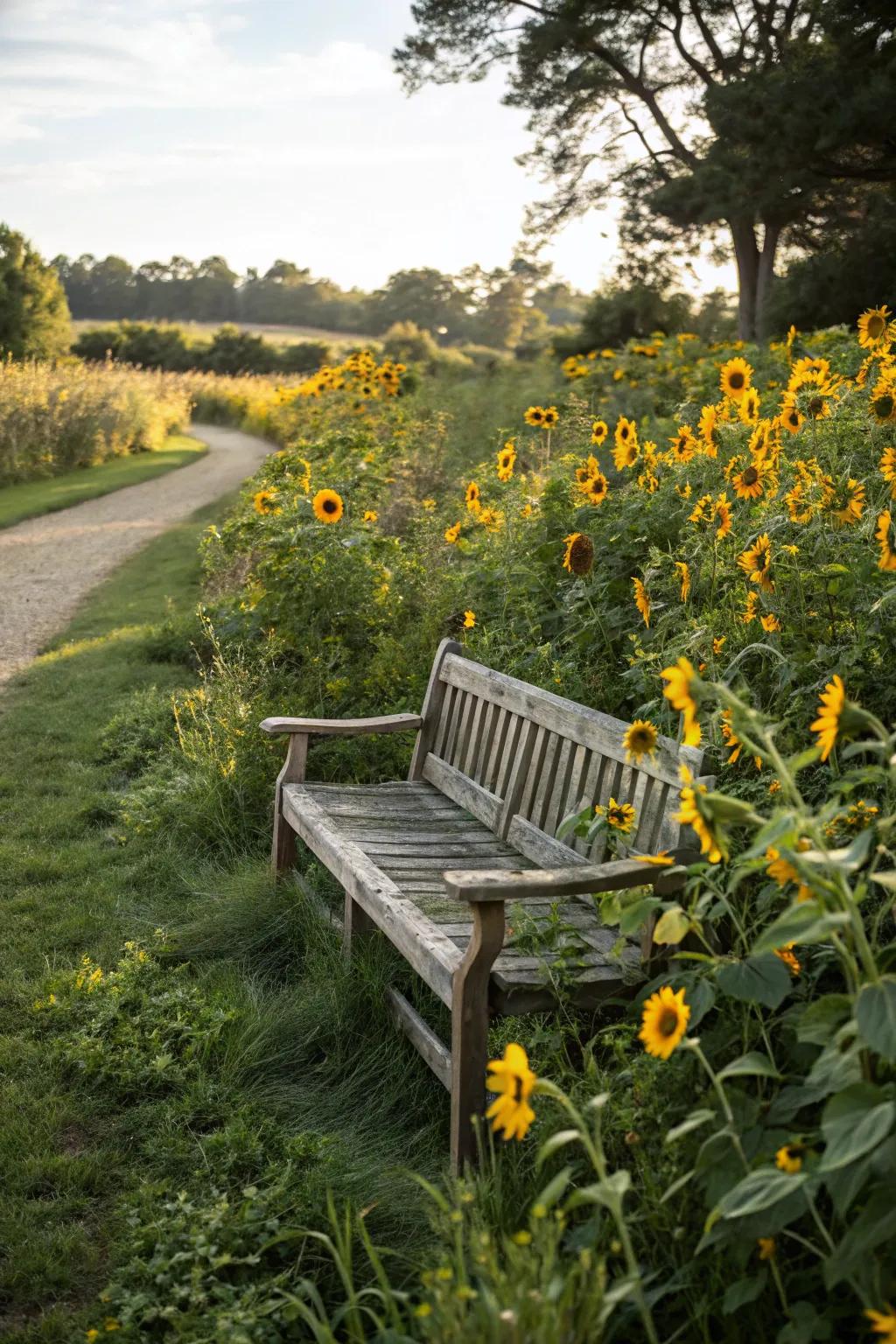 A sunflower seating area offers a sunny spot to unwind.