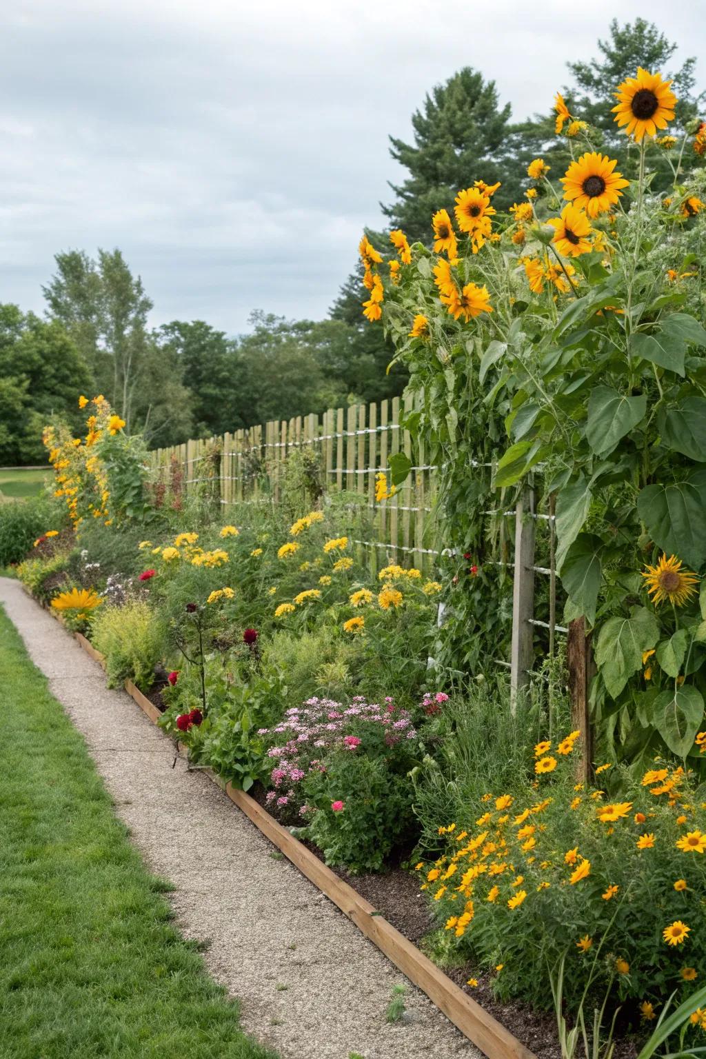 Sunflowers provide a decorative and functional garden border.