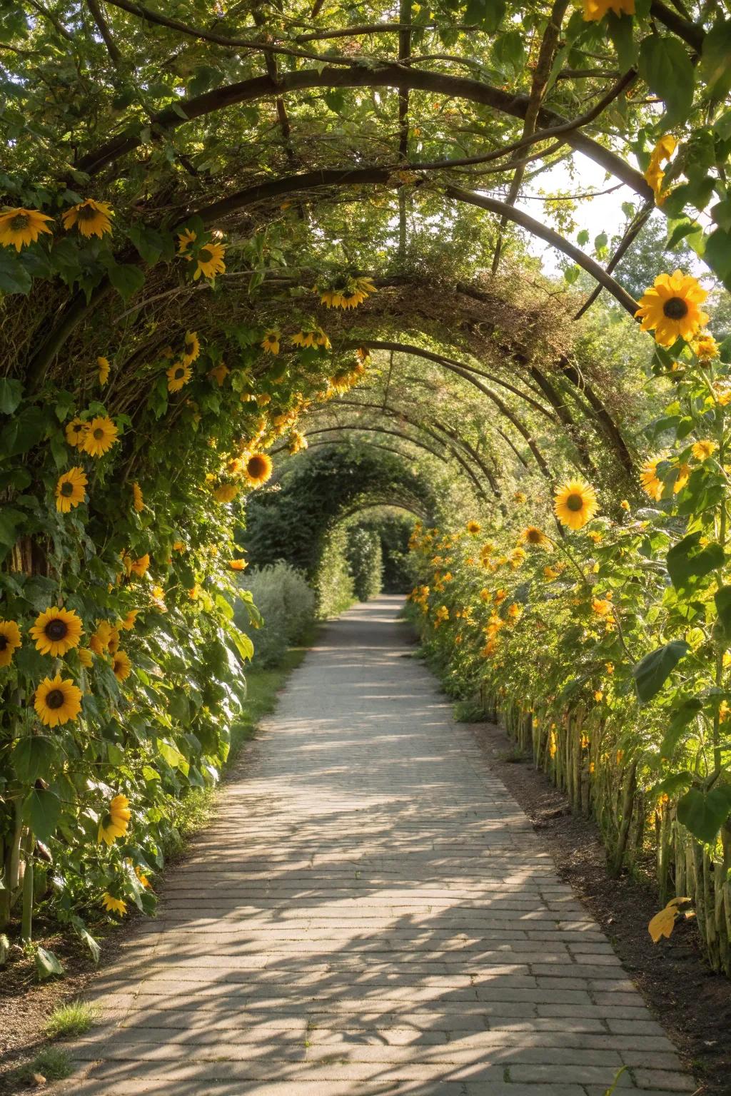 A sunflower tunnel adds a whimsical touch to any garden path.