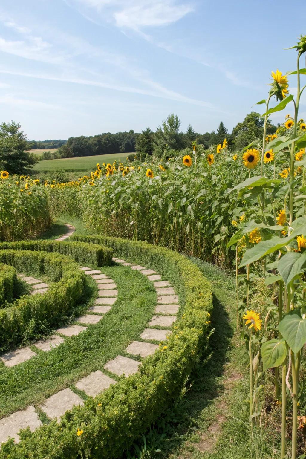 A sunflower labyrinth offers a fun and captivating garden experience.