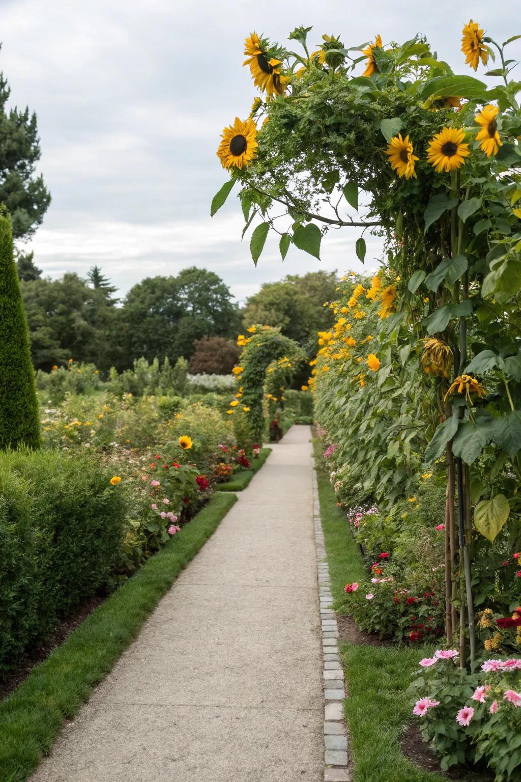 Sunflowers guide the way along a picturesque garden path.