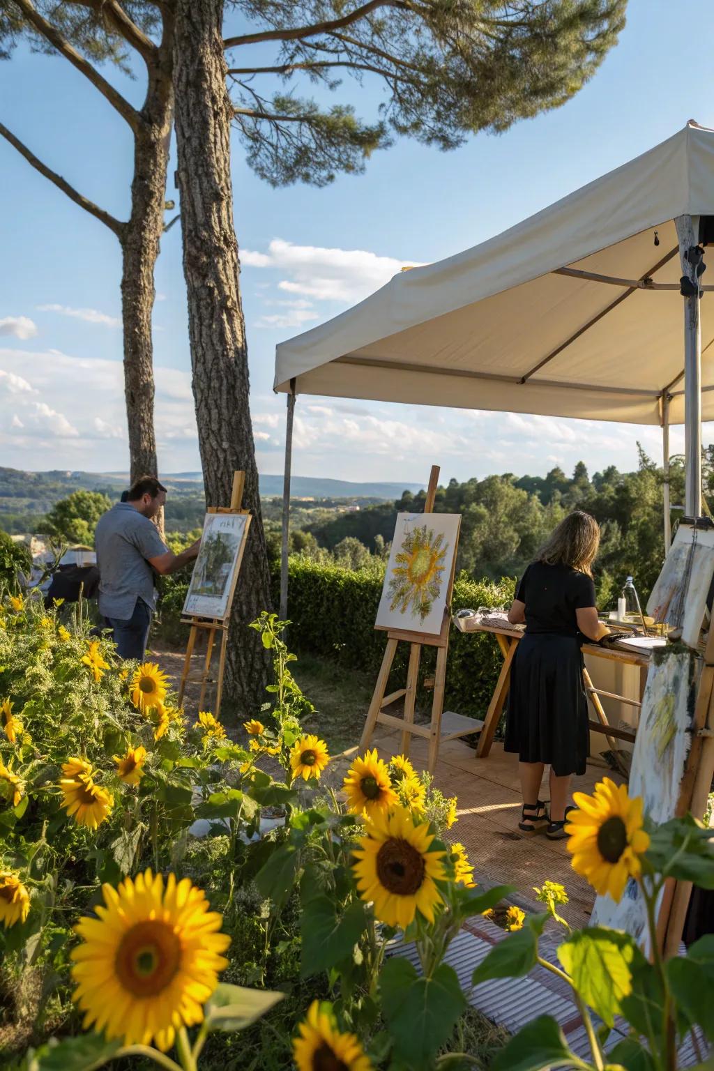 An art studio among sunflowers inspires creativity and imagination.