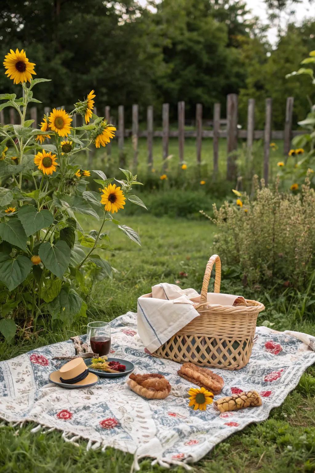 A sunflower picnic spot is ideal for enjoying meals in nature.