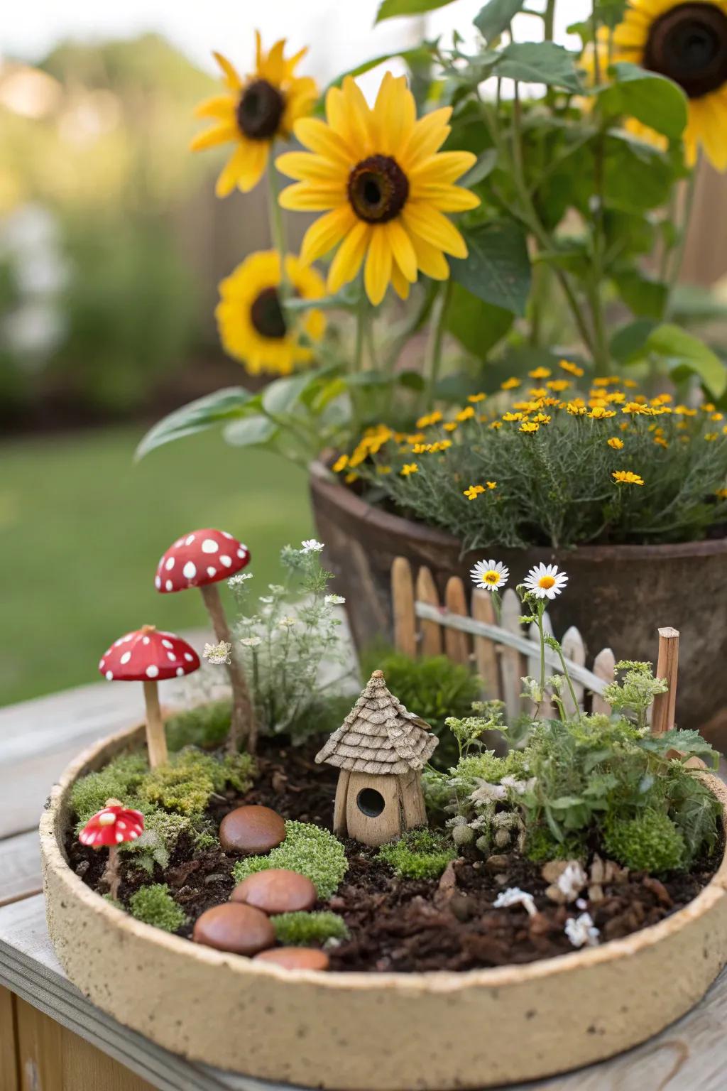 Sunflowers set the stage for a magical fairy garden.