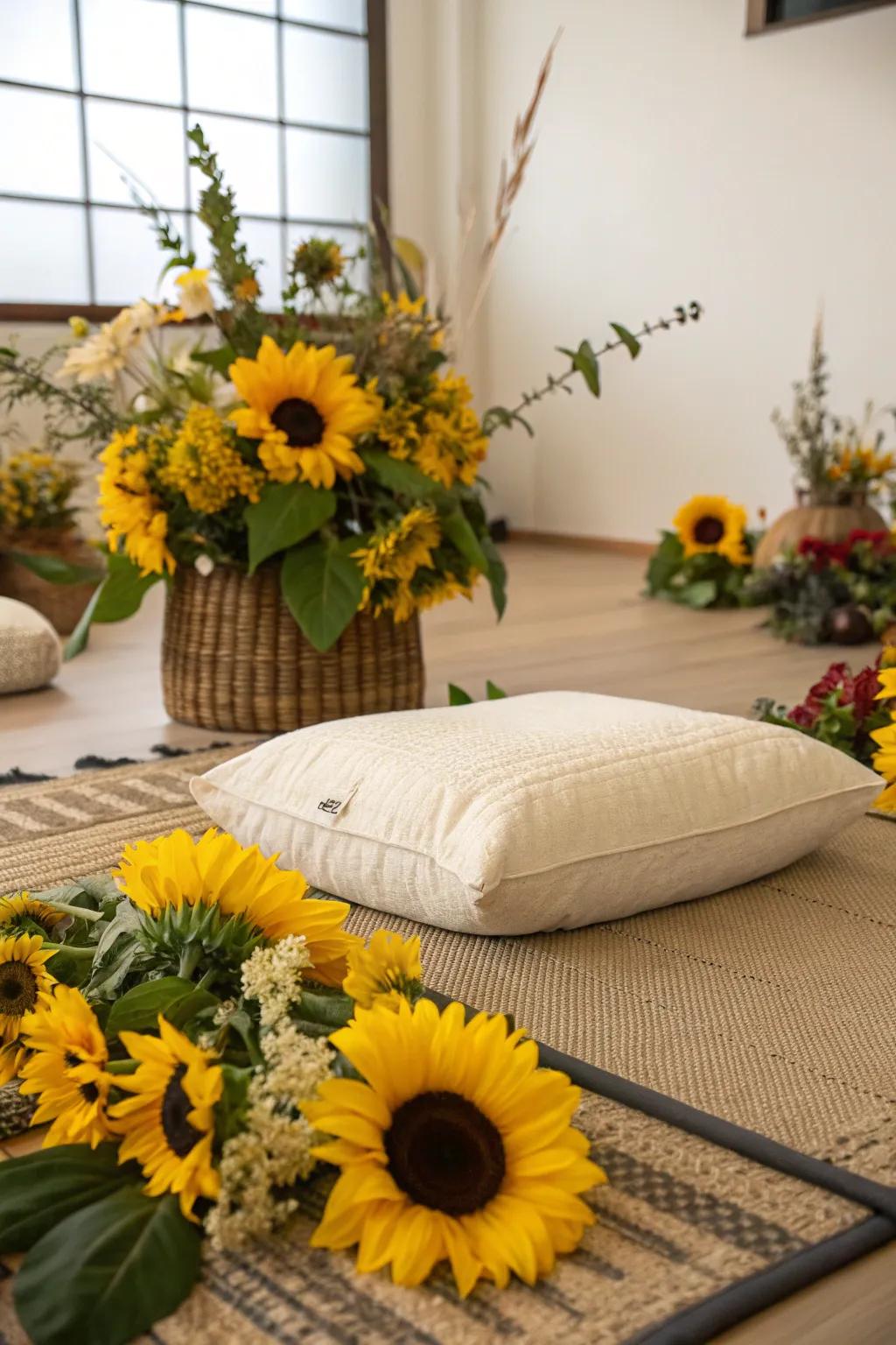 A sunflower meditation spot is your peaceful garden retreat.