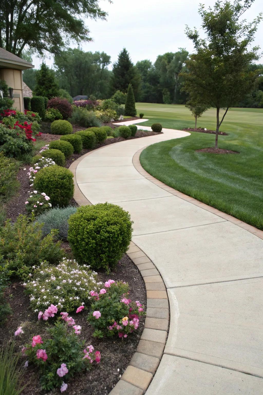 A beautifully curved walkway surrounded by flowering plants.