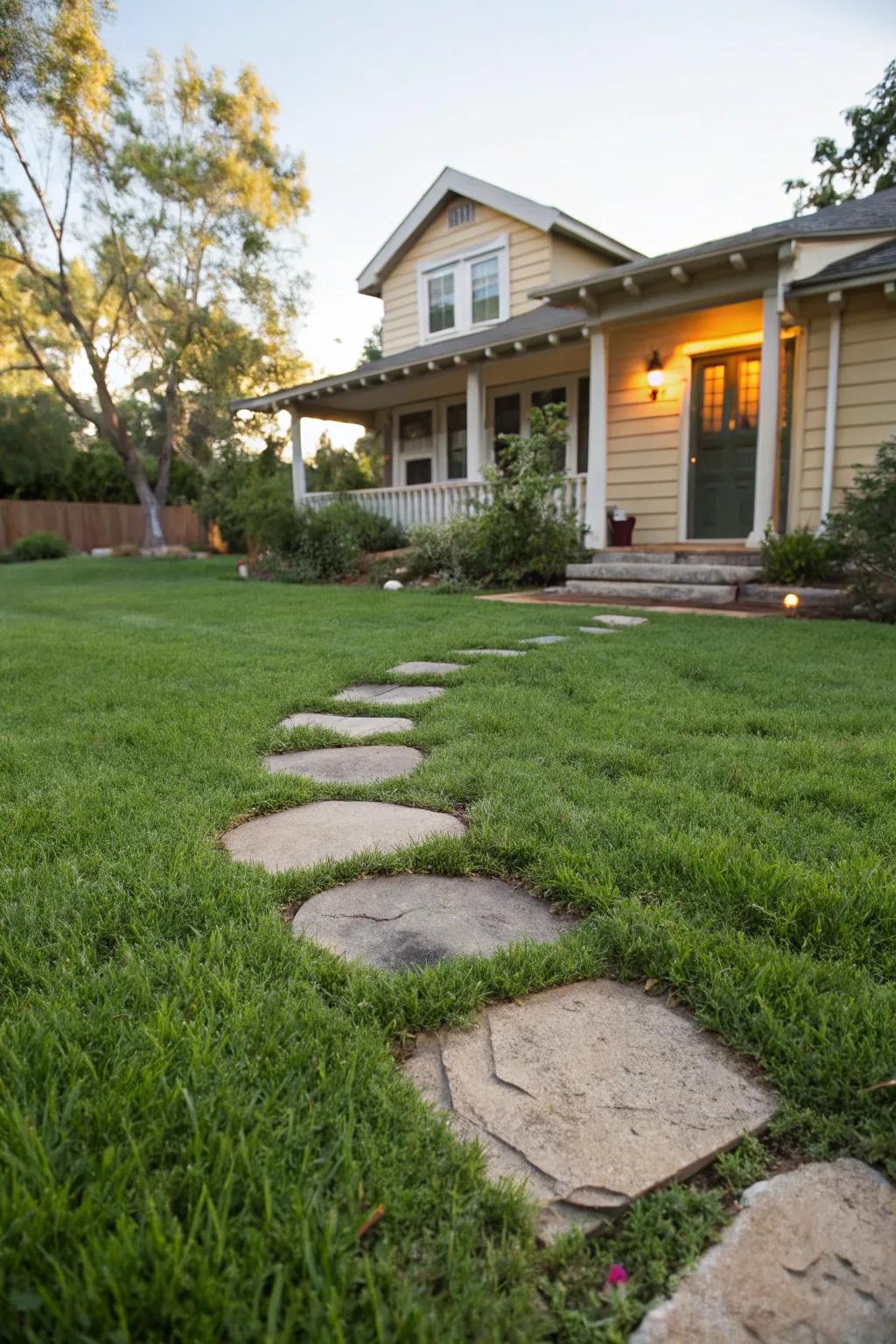 Stepping stones on a lush lawn leading to a welcoming entrance.
