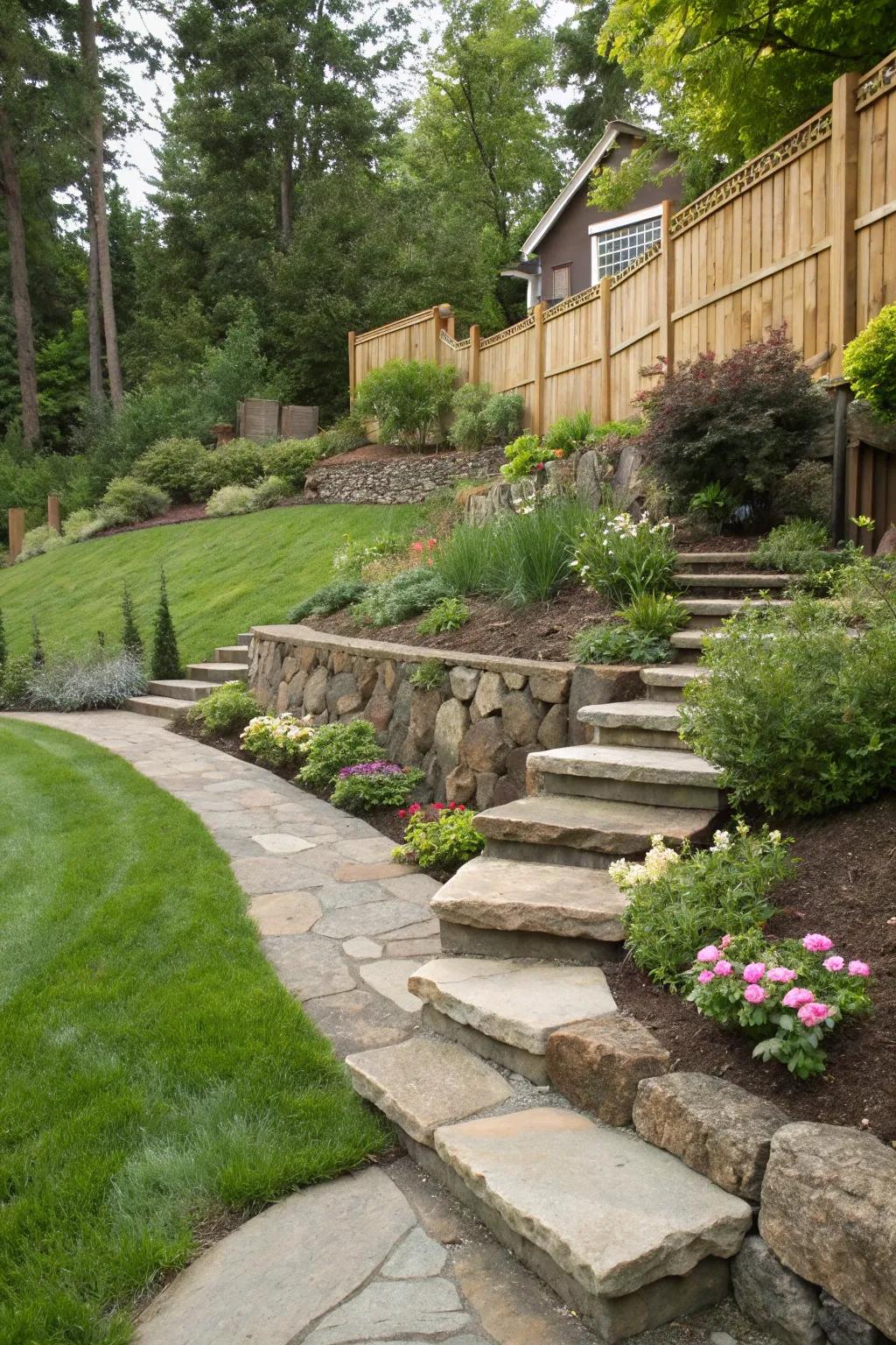 Stone steps creating a dynamic entrance in a sloped landscape.