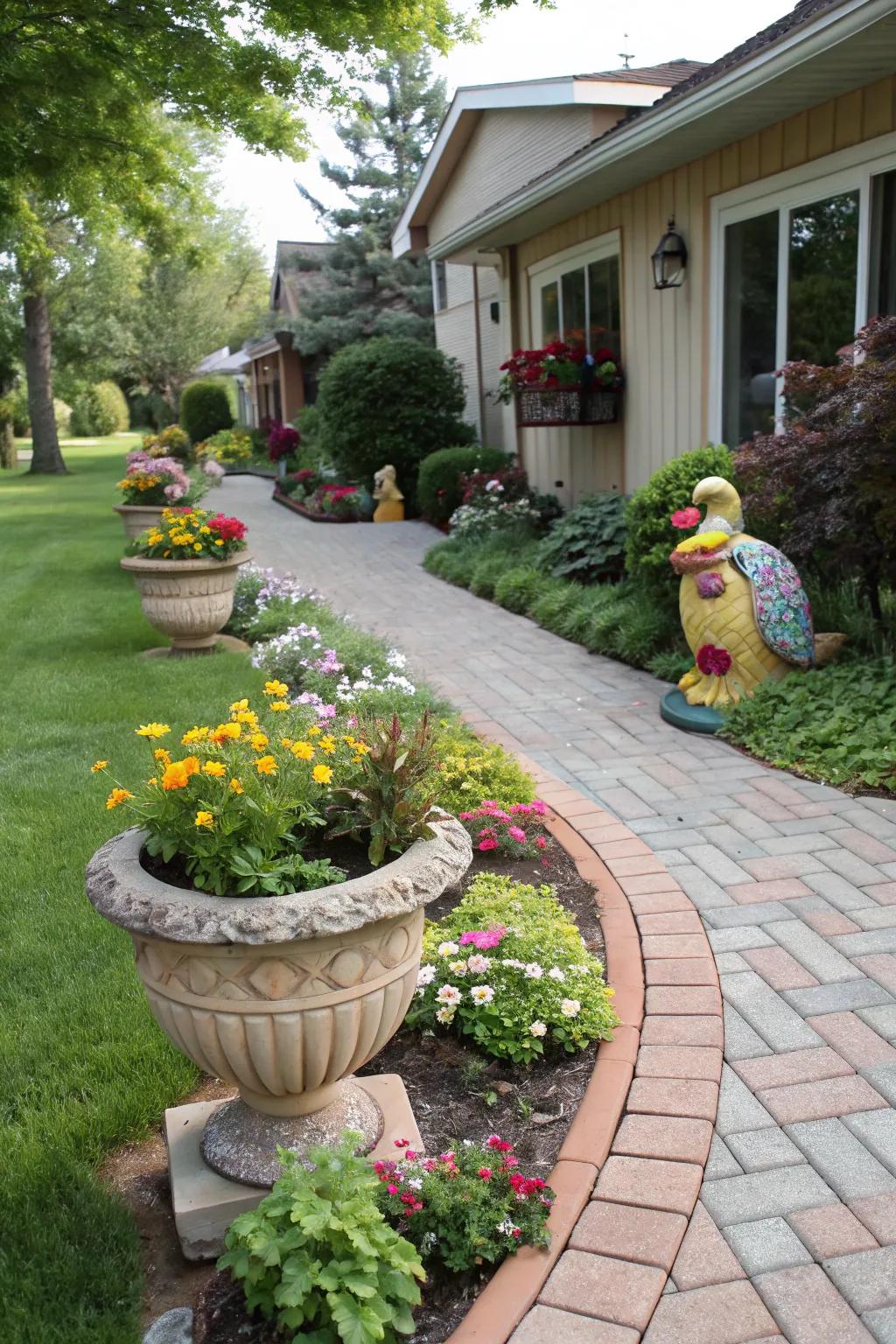 A walkway adorned with decorative planters and a whimsical sculpture.