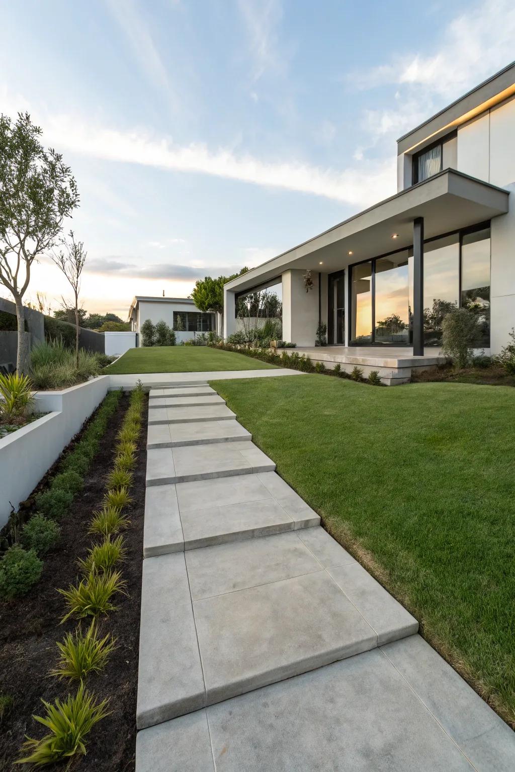 A minimalist concrete walkway complementing a sleek house design.