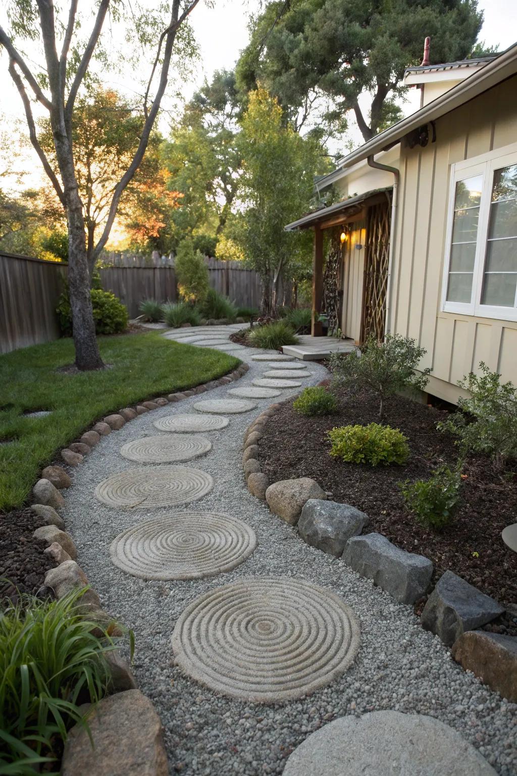 A tranquil Zen garden path with raked gravel and stepping stones.