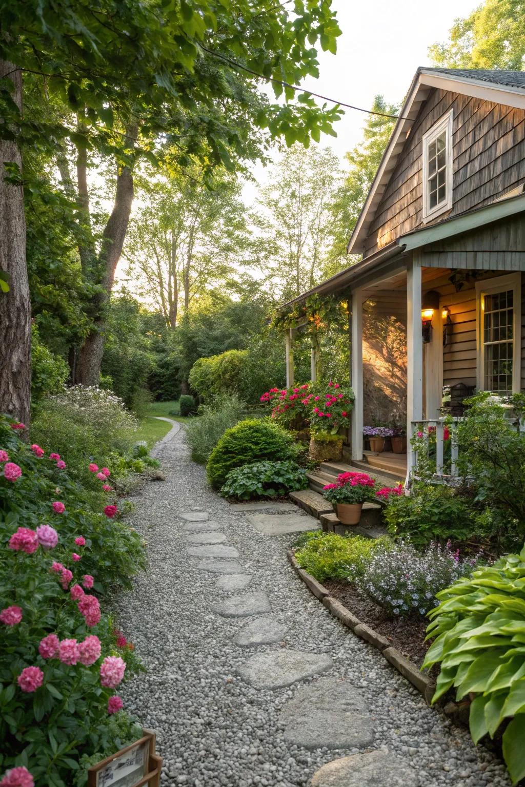 A rustic gravel walkway lined with lush greenery.