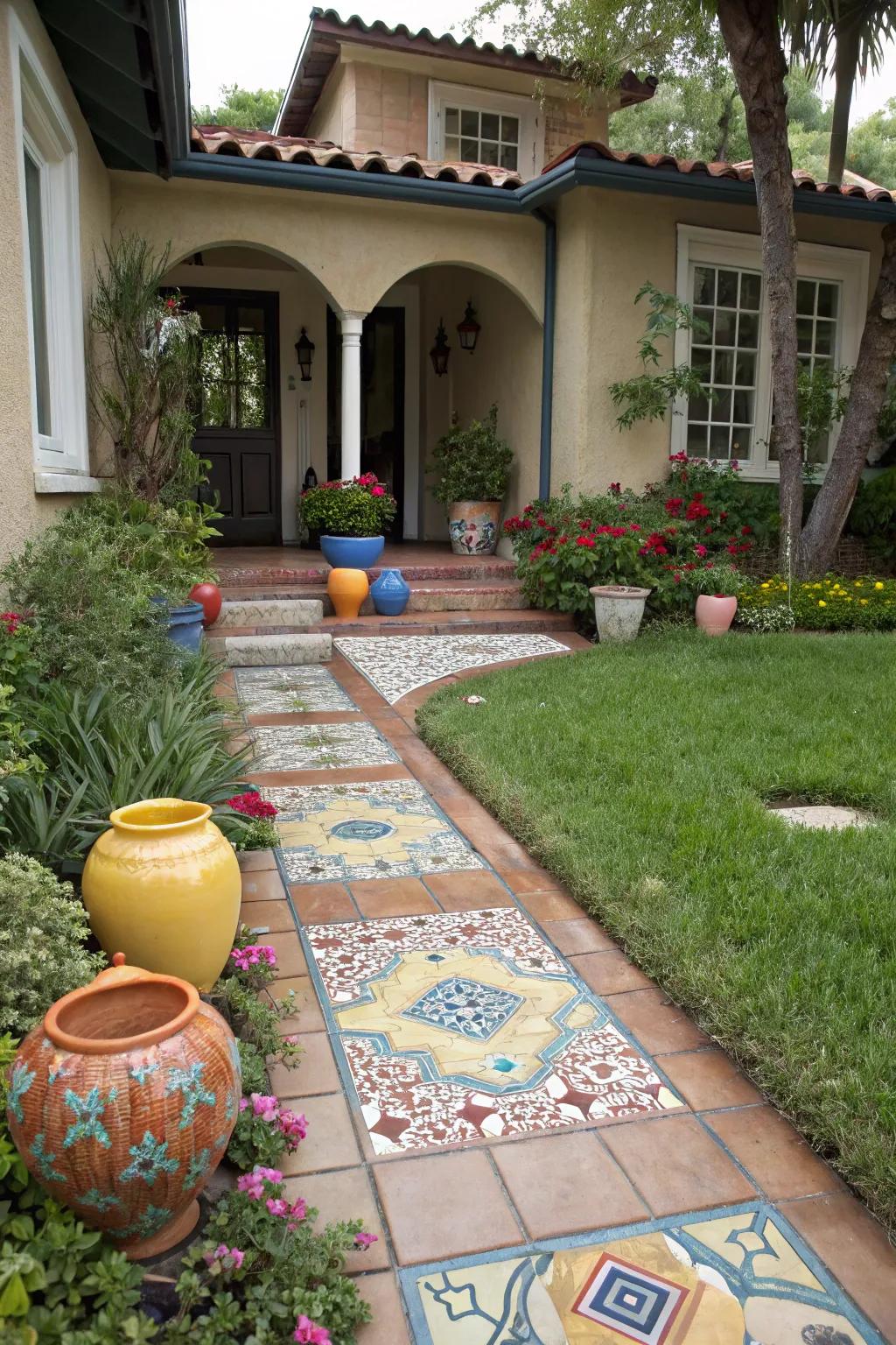 A Mediterranean-inspired tiled walkway with vibrant pottery accents.