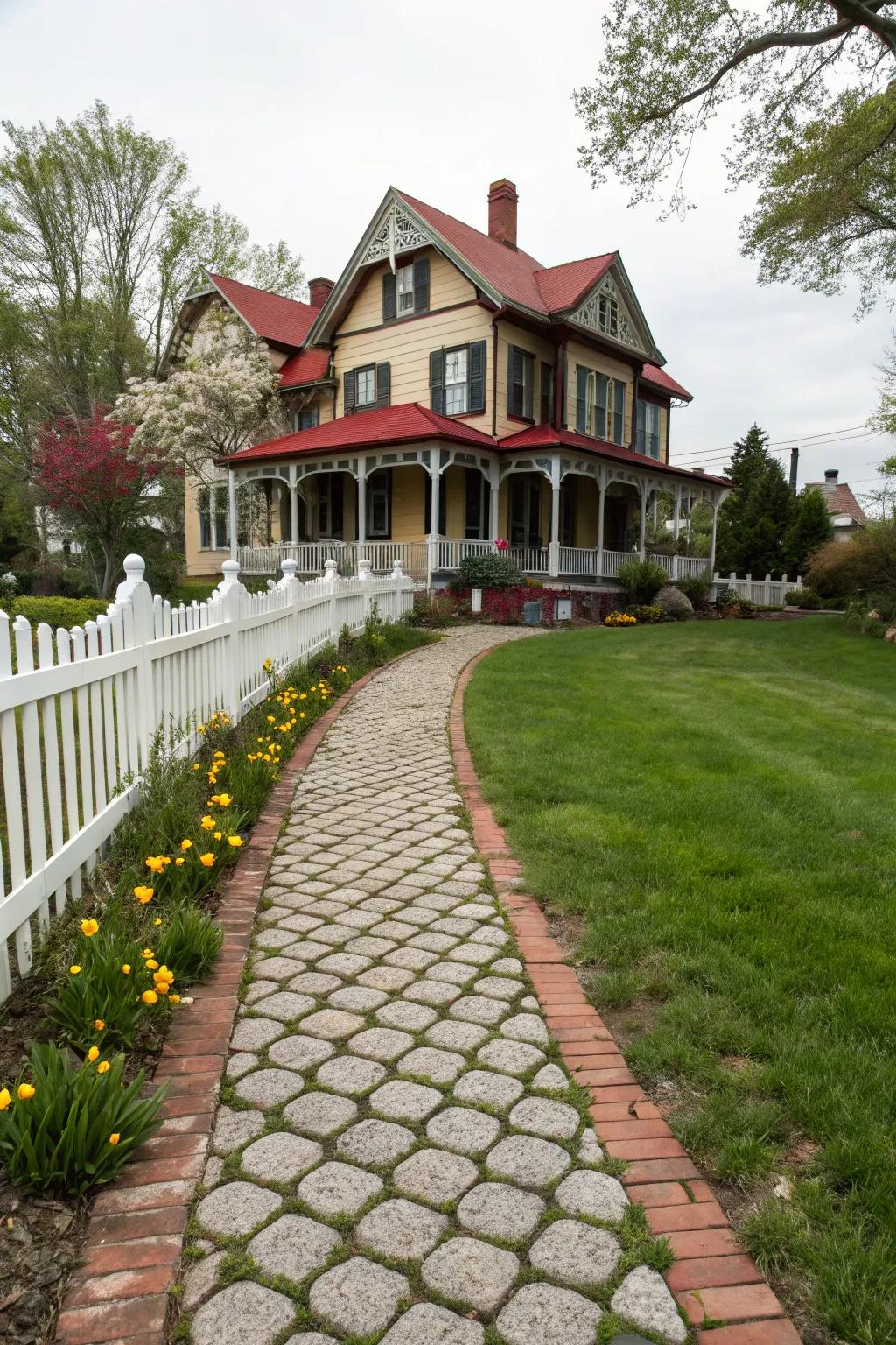 A cobblestone walkway leading to a historic home.