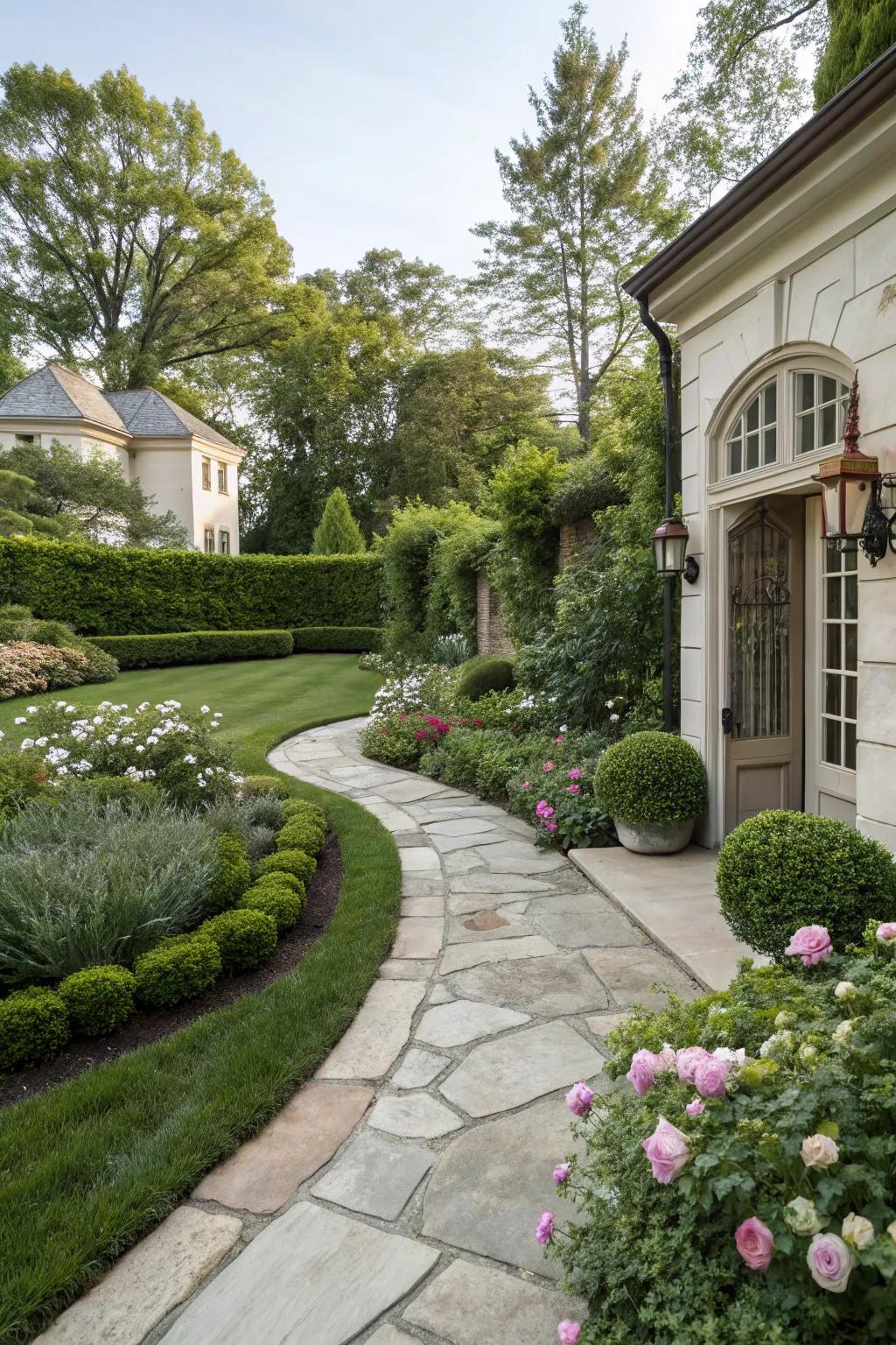 An elegant natural stone walkway surrounded by lush greenery.