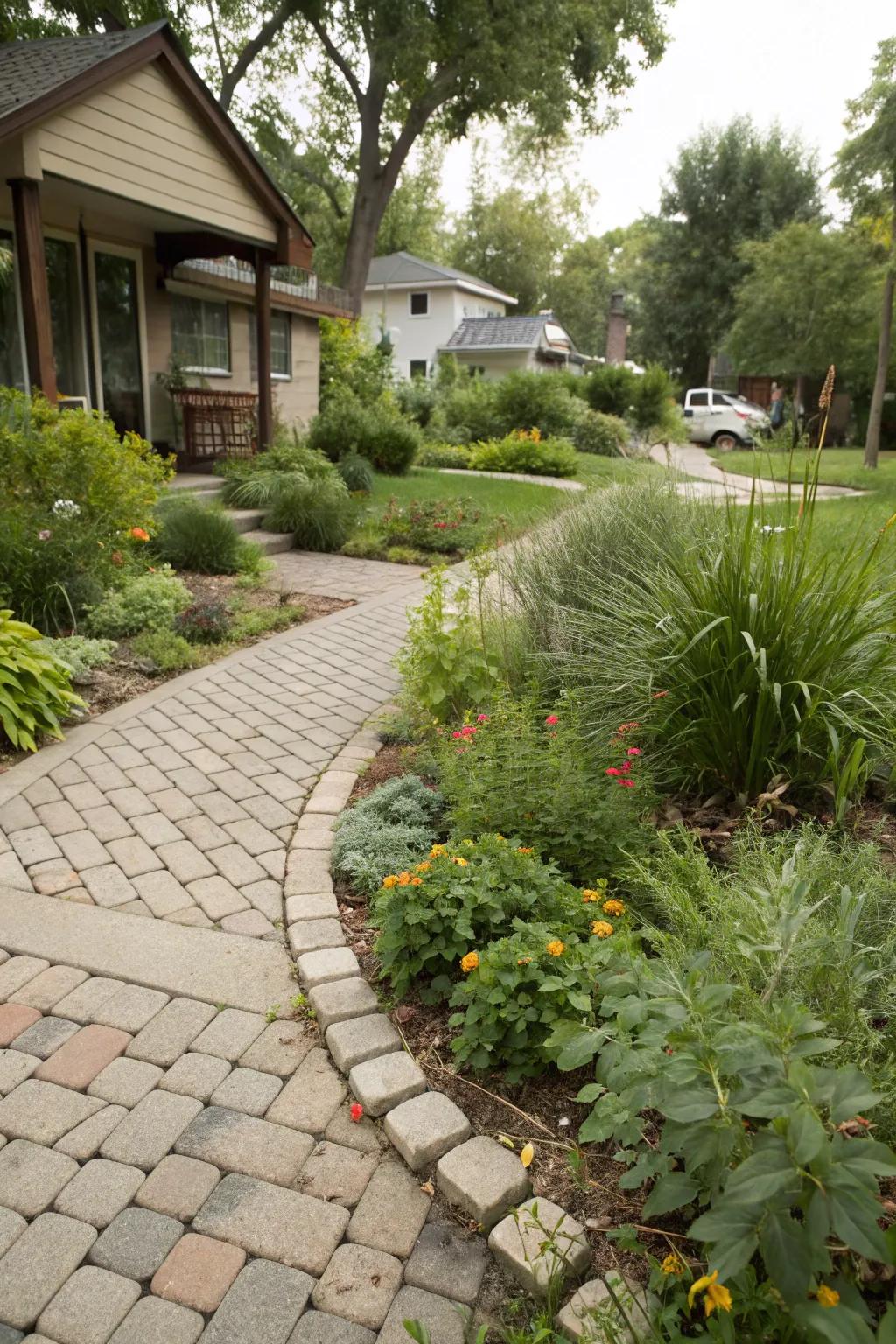 Eco-friendly walkway with permeable pavers surrounded by native plants.
