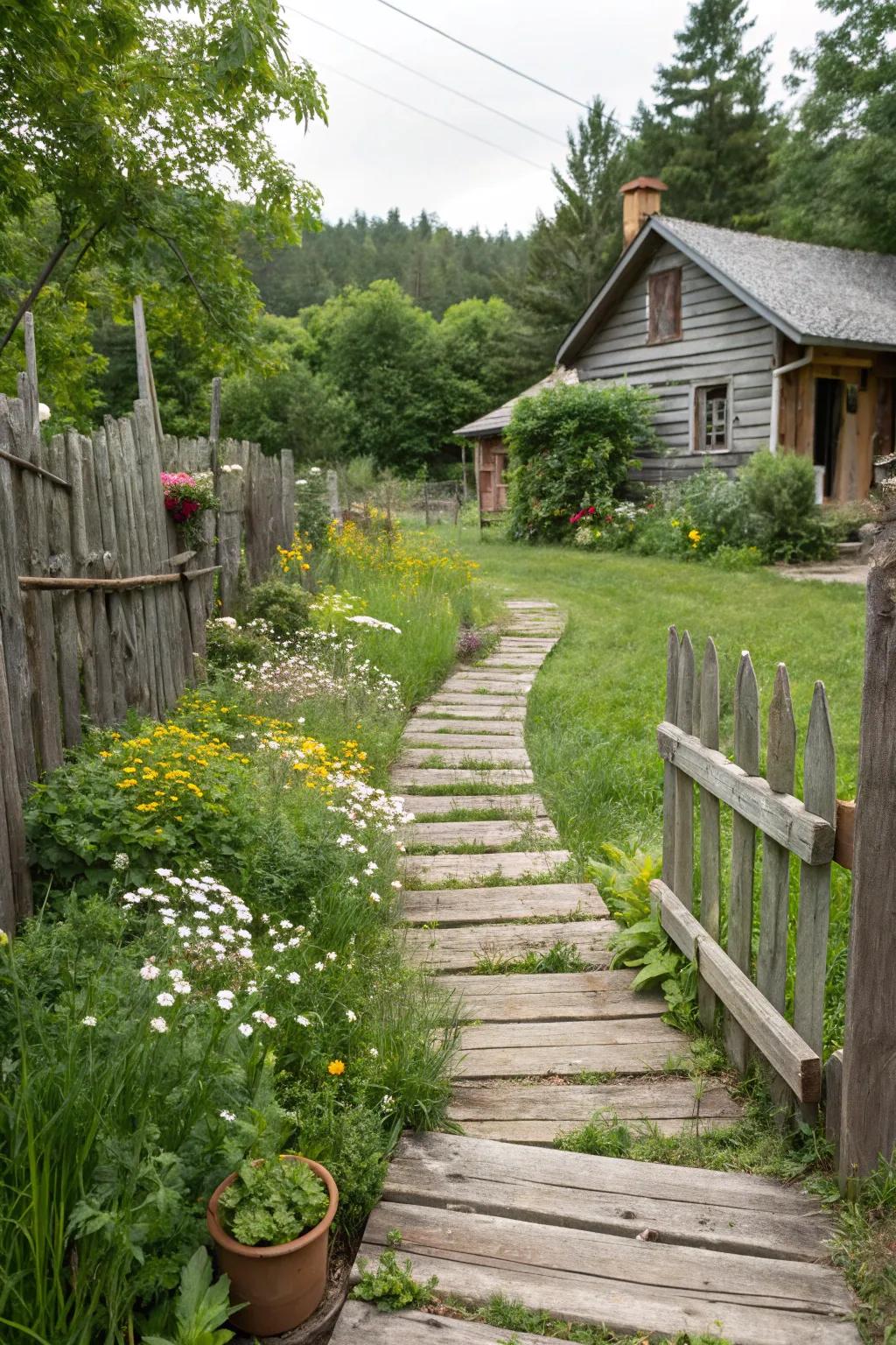 A rustic wooden walkway in a natural garden setting.