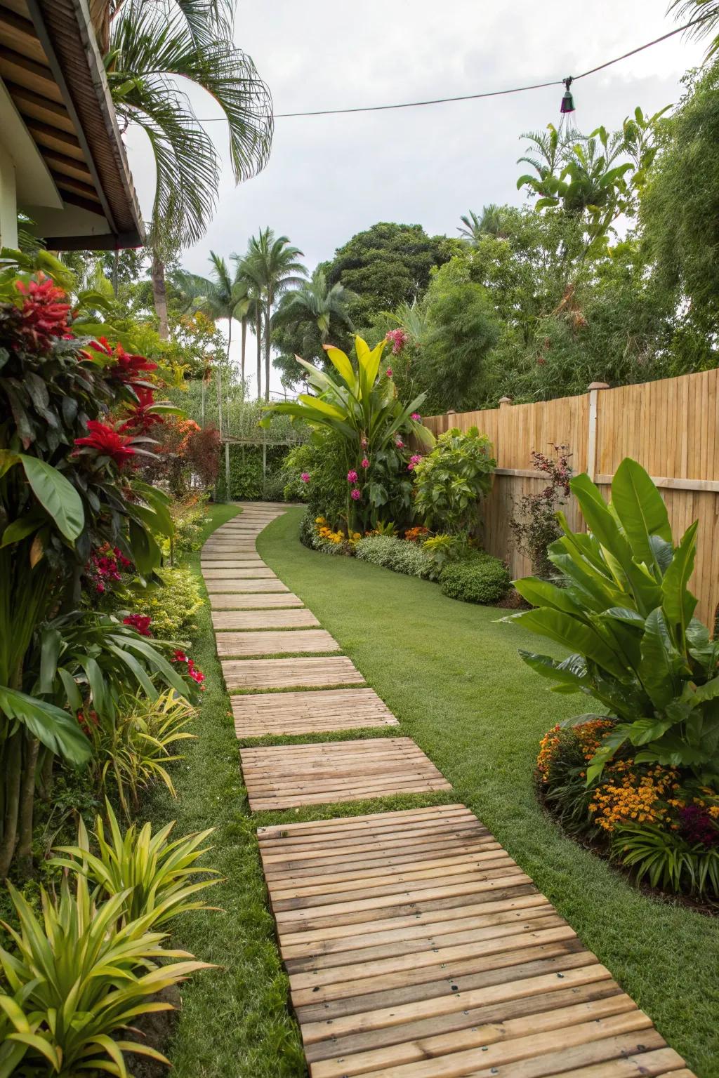 A bamboo walkway surrounded by lush tropical plants.