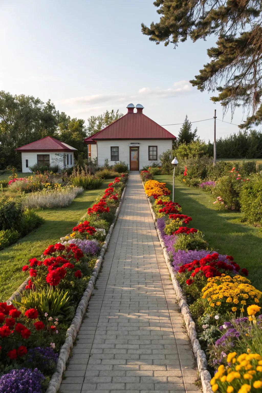 A walkway lined with colorful garden beds leading to a quaint cottage.