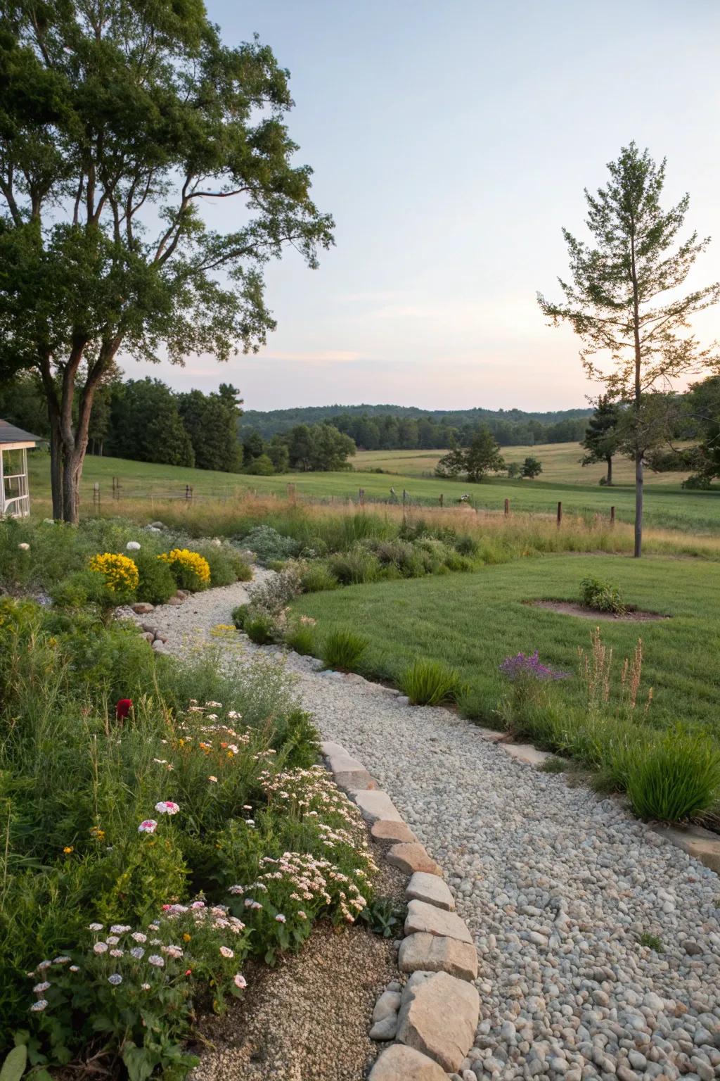 A natural pebble pathway winding through a lush landscape.