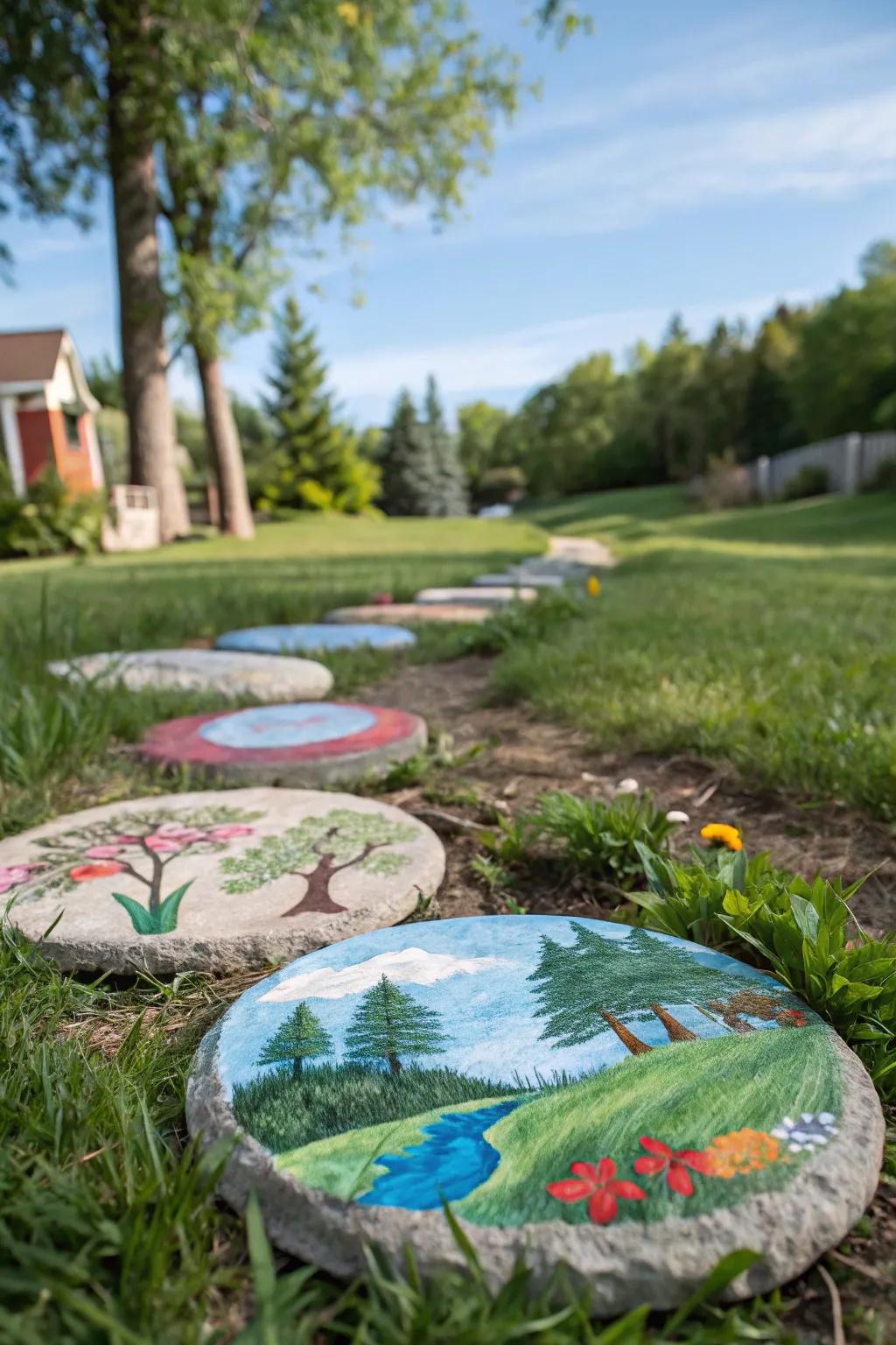 Stepping stones with hand-painted nature murals adding a whimsical touch.