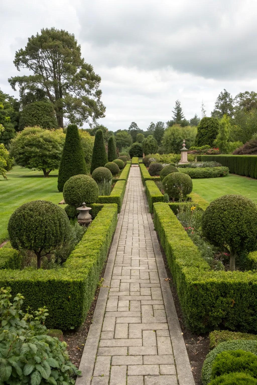 A symmetrical walkway flanked by manicured hedges.