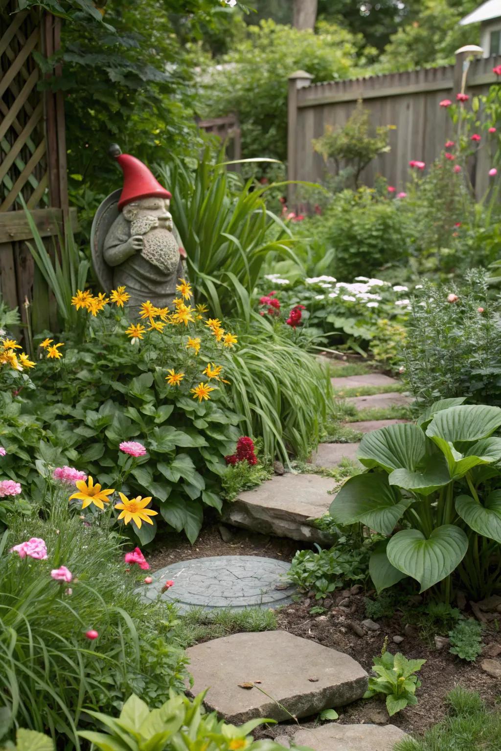 Whimsical elements add personality and charm to small gardens.