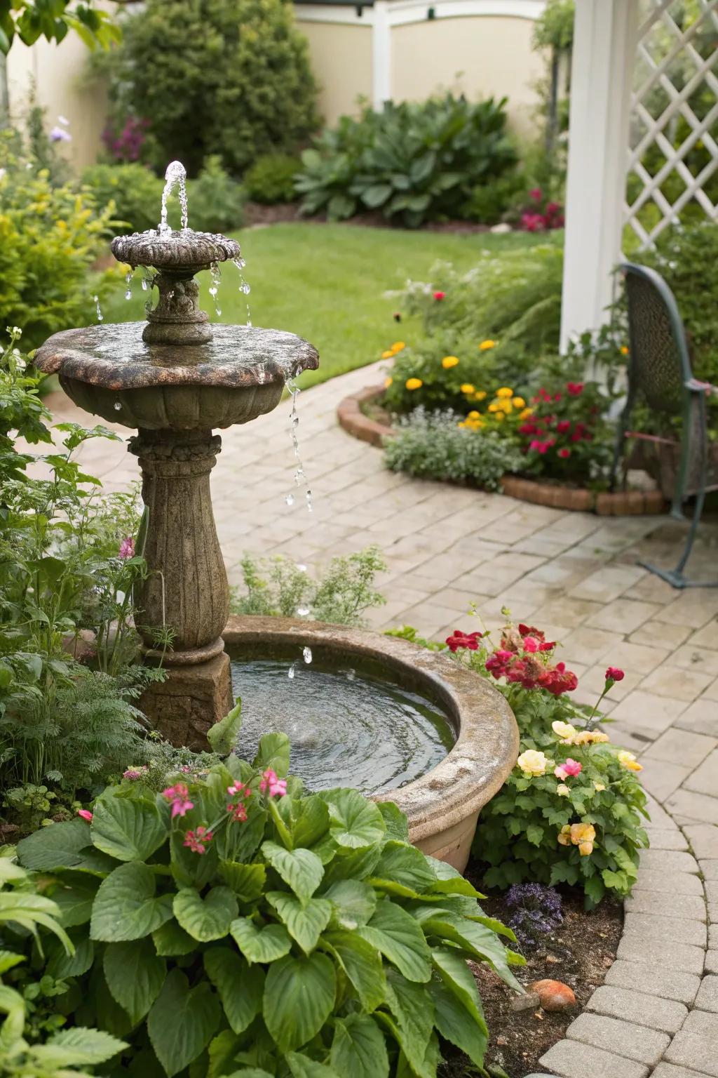 A miniature water feature adds tranquility and intrigue to a garden.
