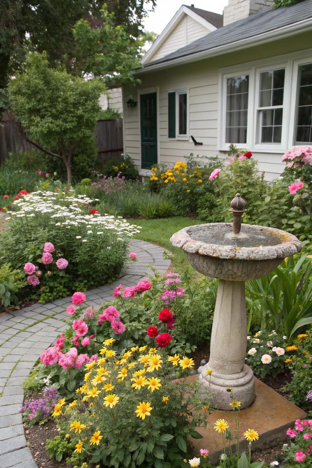 A focal point like a birdbath enhances the charm of a small garden.