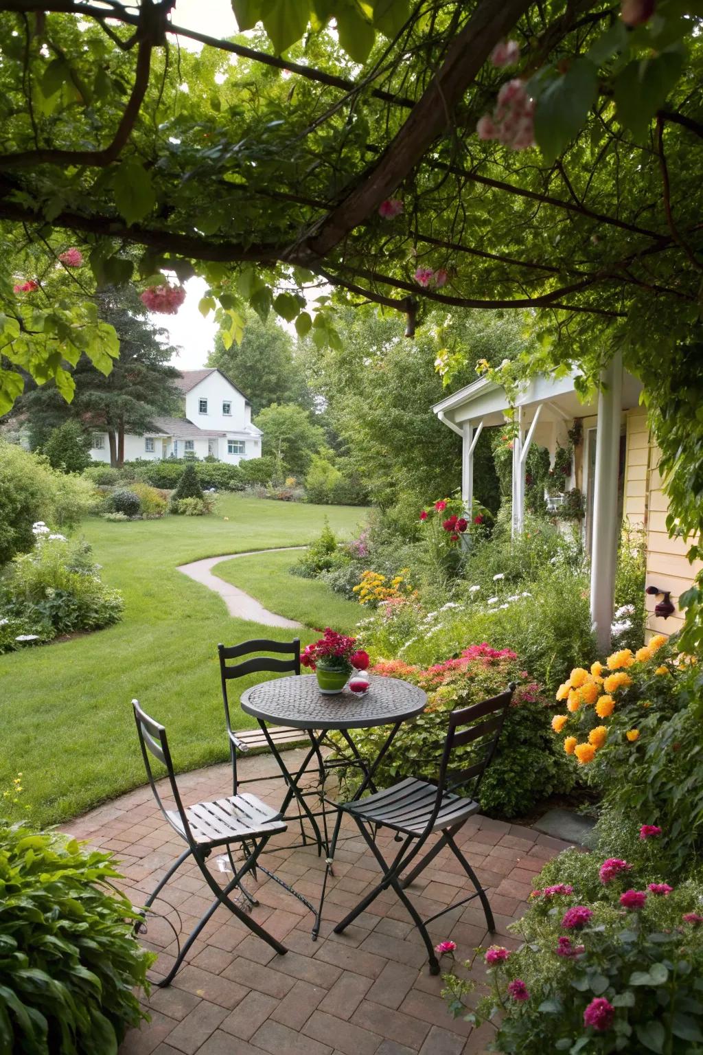 A compact bistro set turns a small garden into a charming retreat.