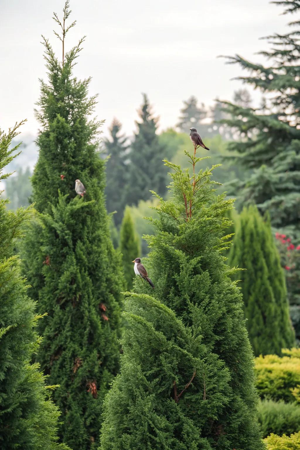 Evergreens offer year-round food and shelter, attracting many birds.