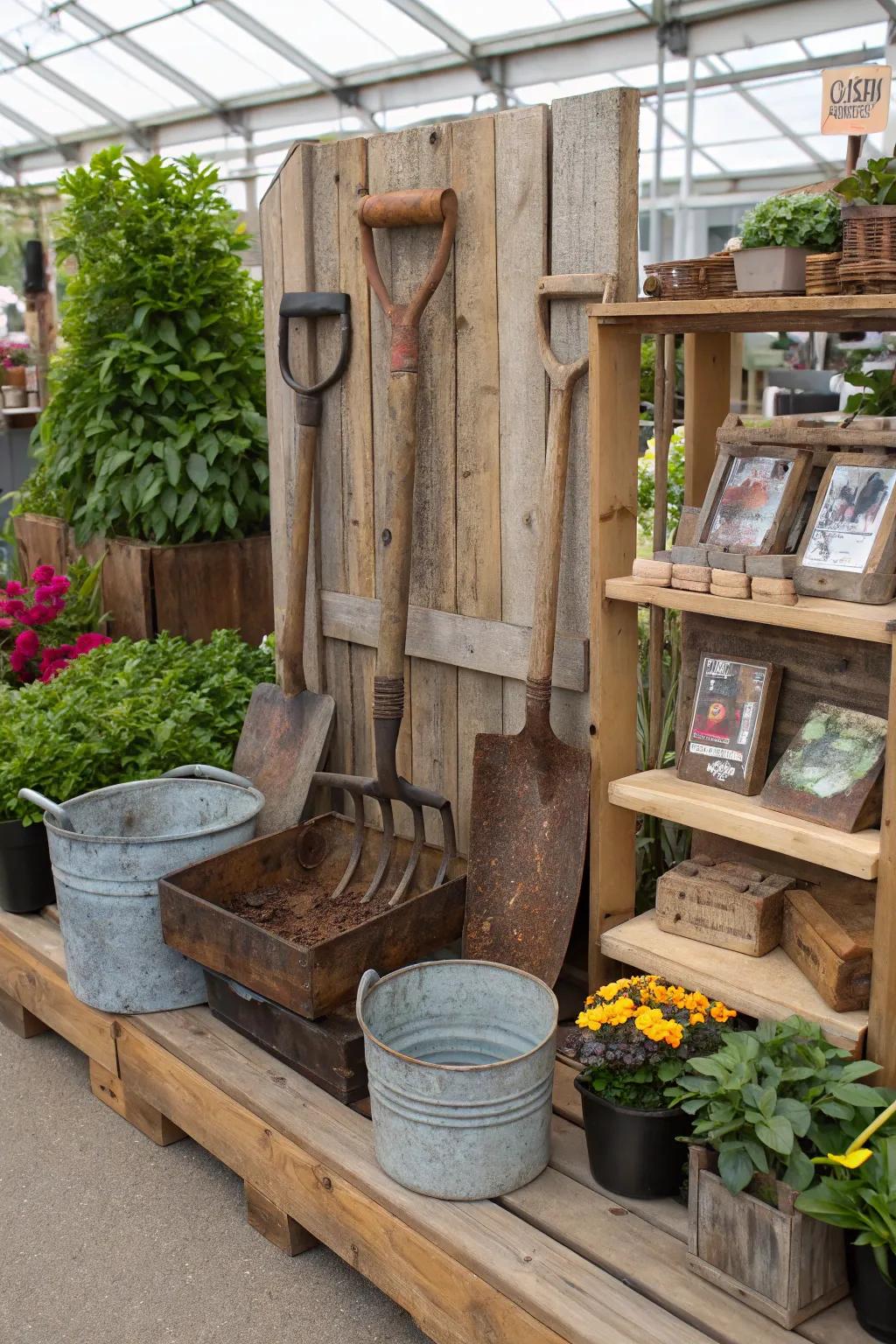 Upcycled materials add rustic charm to garden center displays.