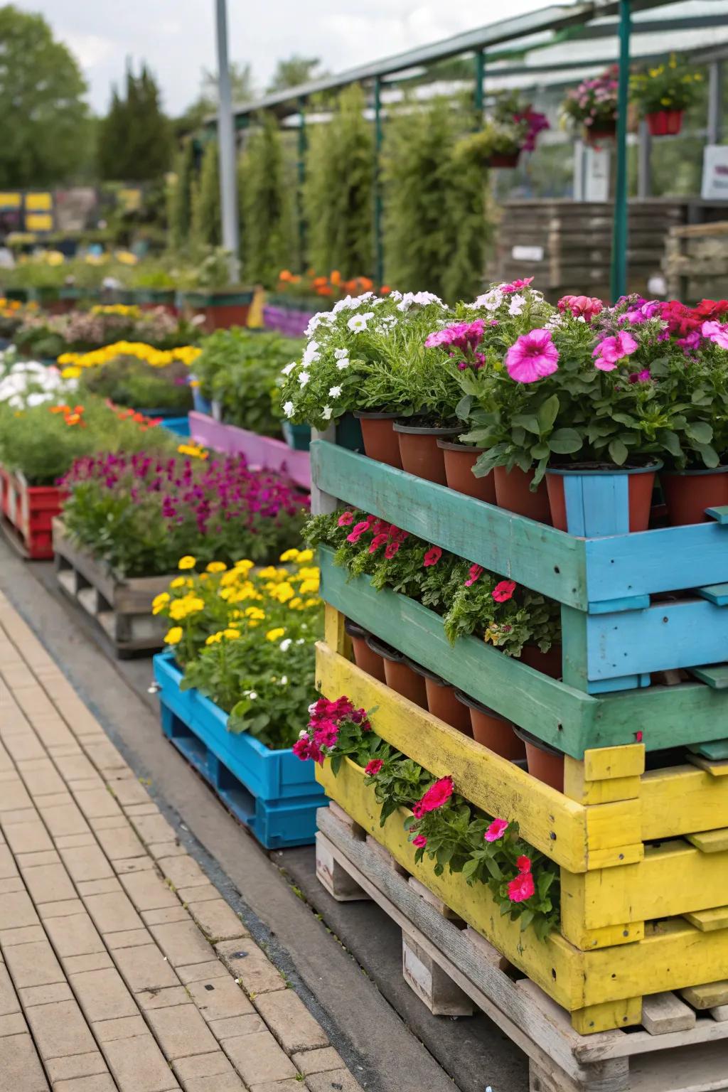 Colorful pallets filled with a vibrant array of flowering plants.