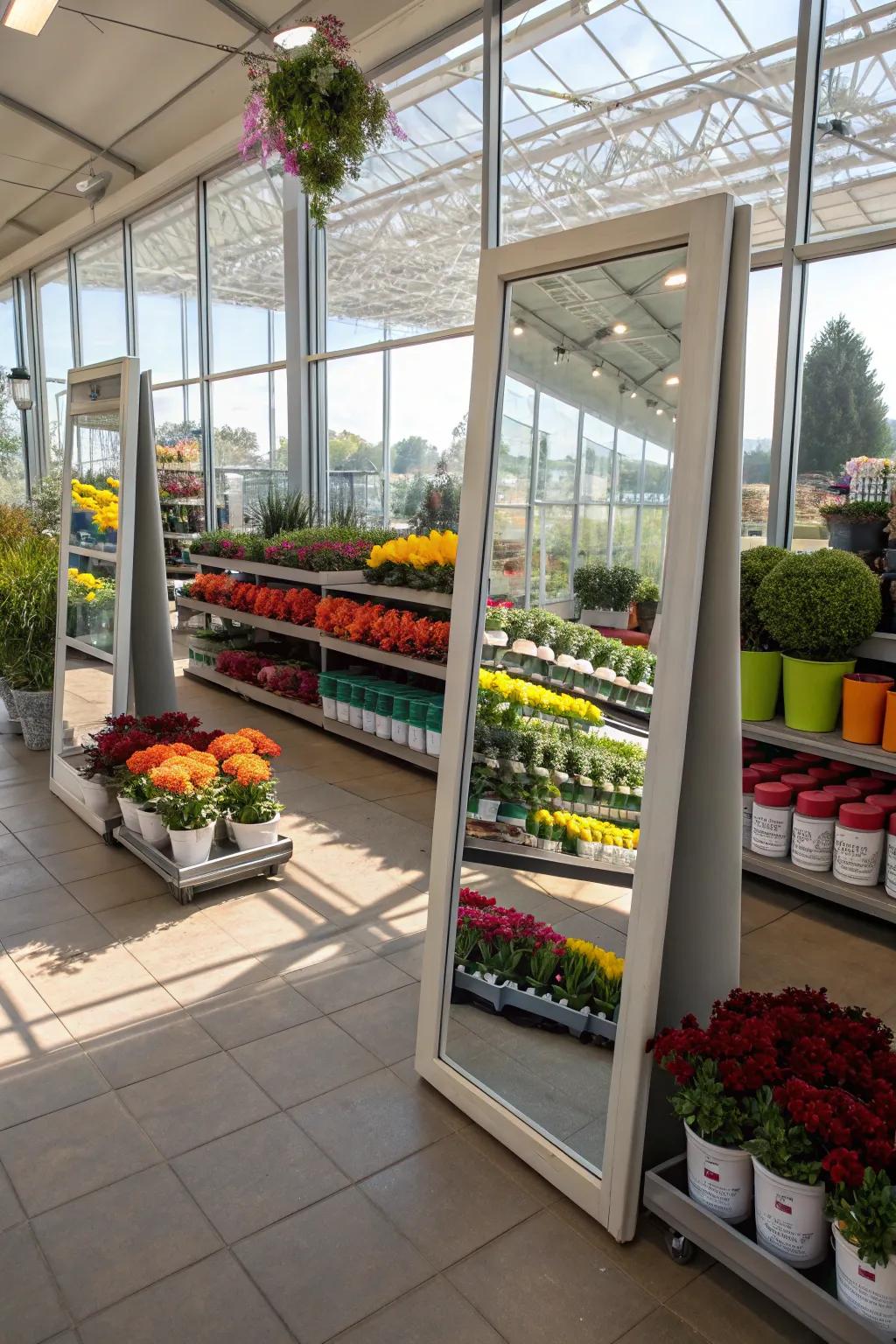 Mirrors enhance the visual space of the garden center display.