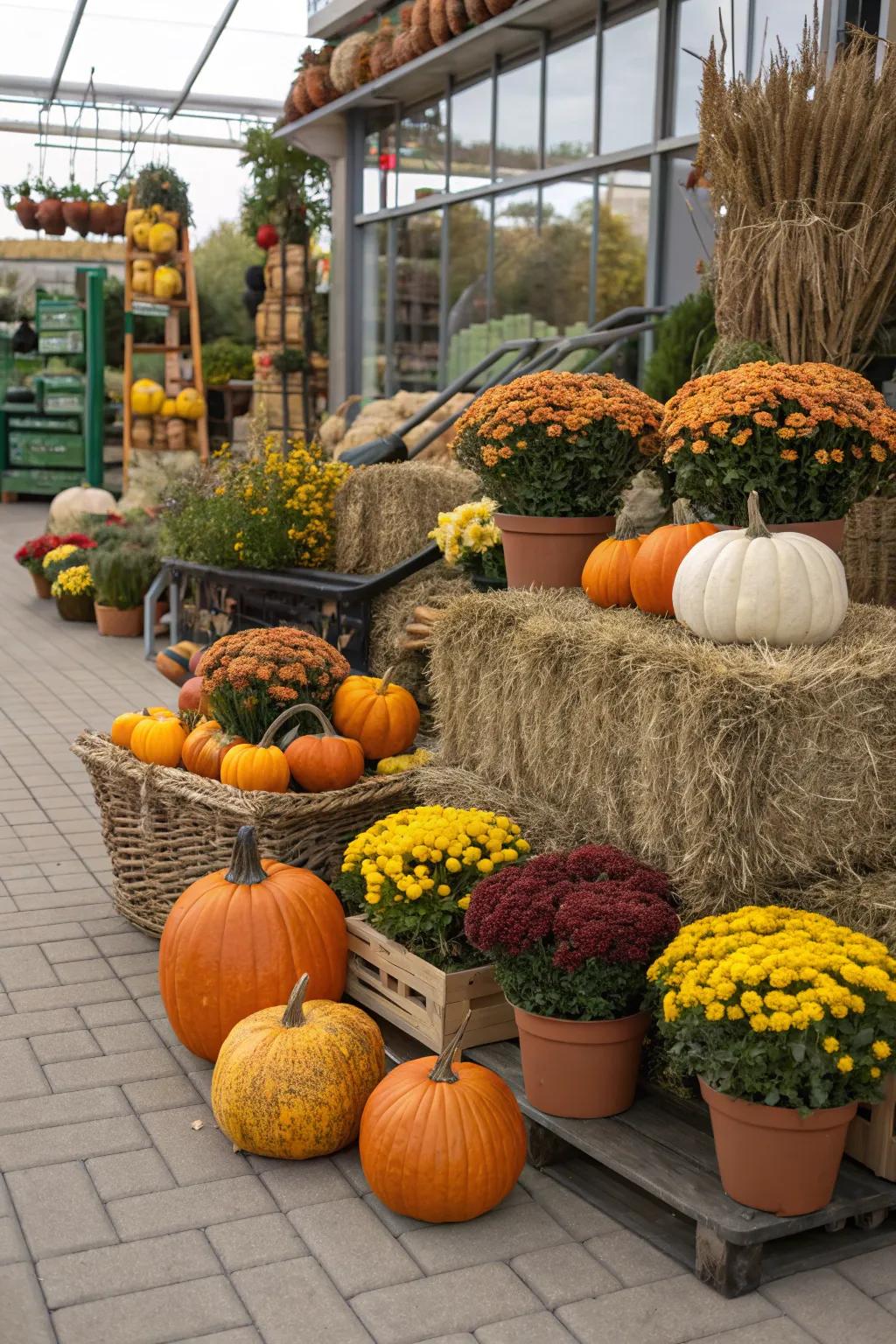 Seasonal props bring a festive touch to garden center displays.