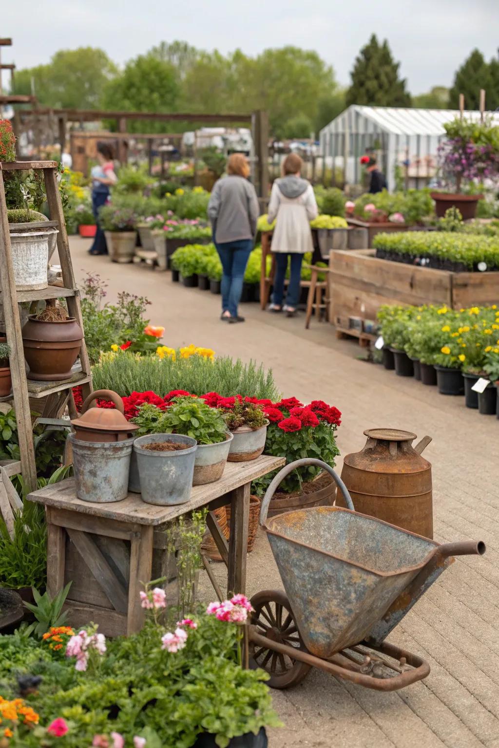 Vintage items blend with new plants creating nostalgia and charm.