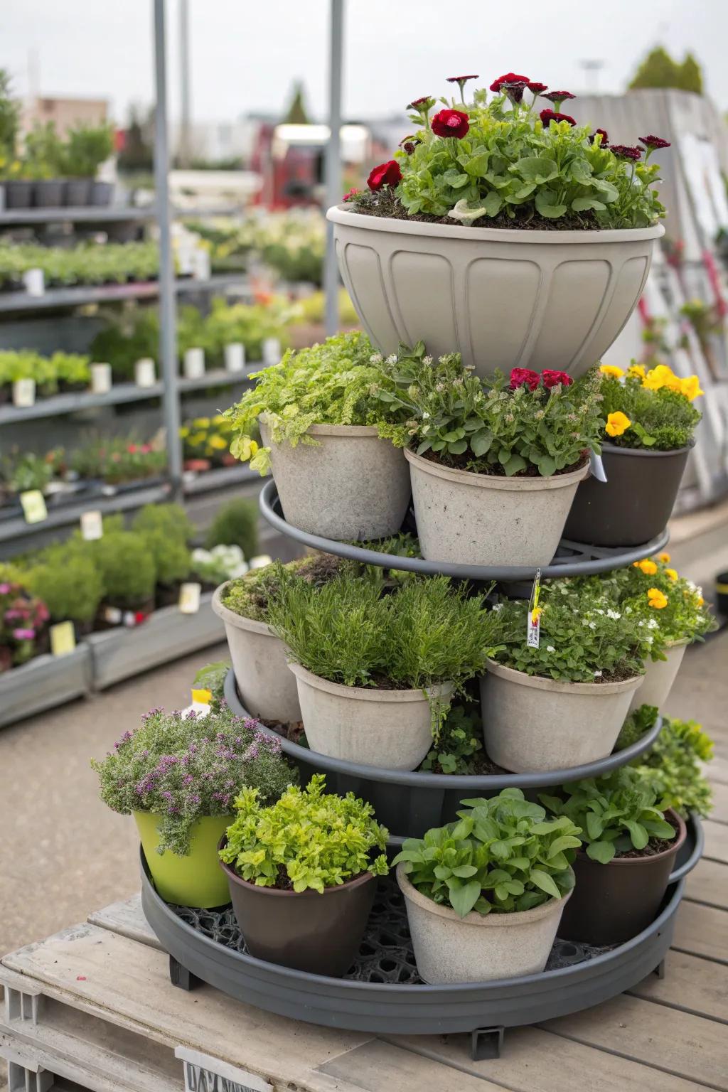 A tiered display utilizing compact space for various plant types.