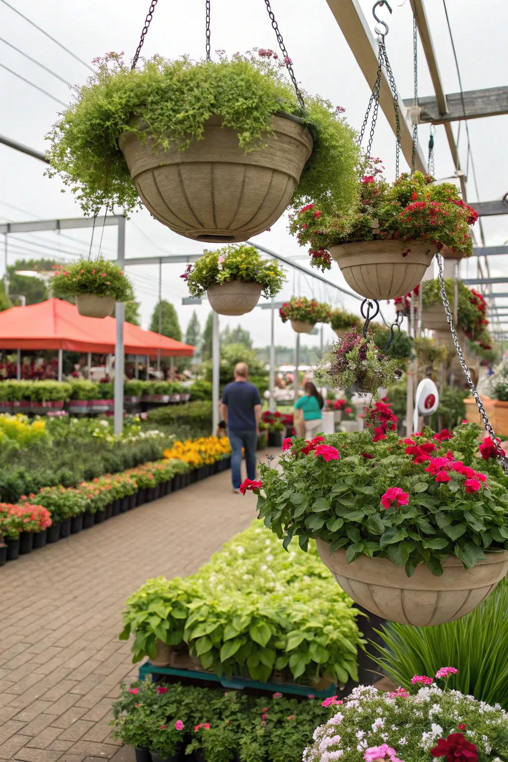 A vertical garden created with hanging baskets showcasing diverse plants.