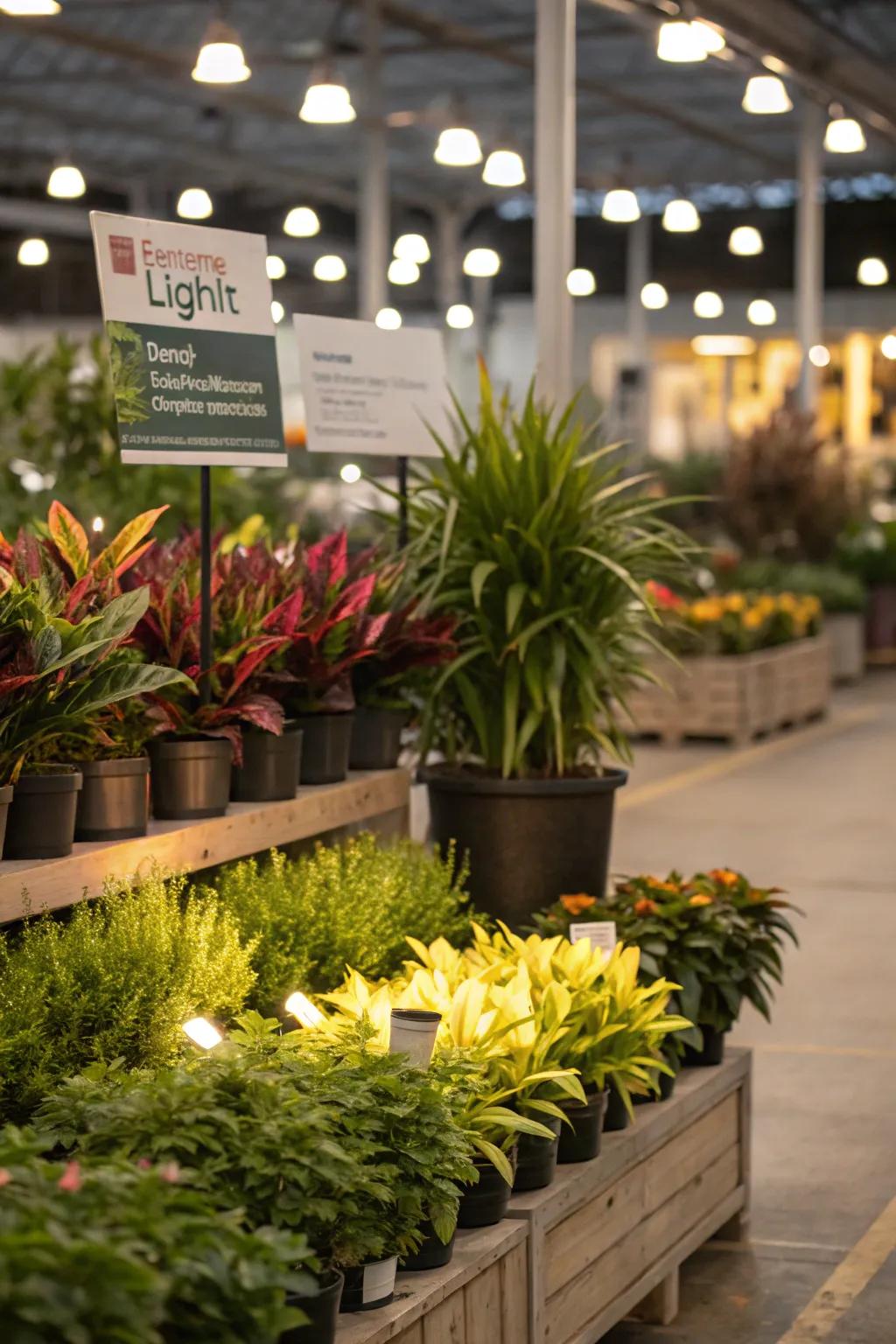 Lighting highlights key features in the garden center display.
