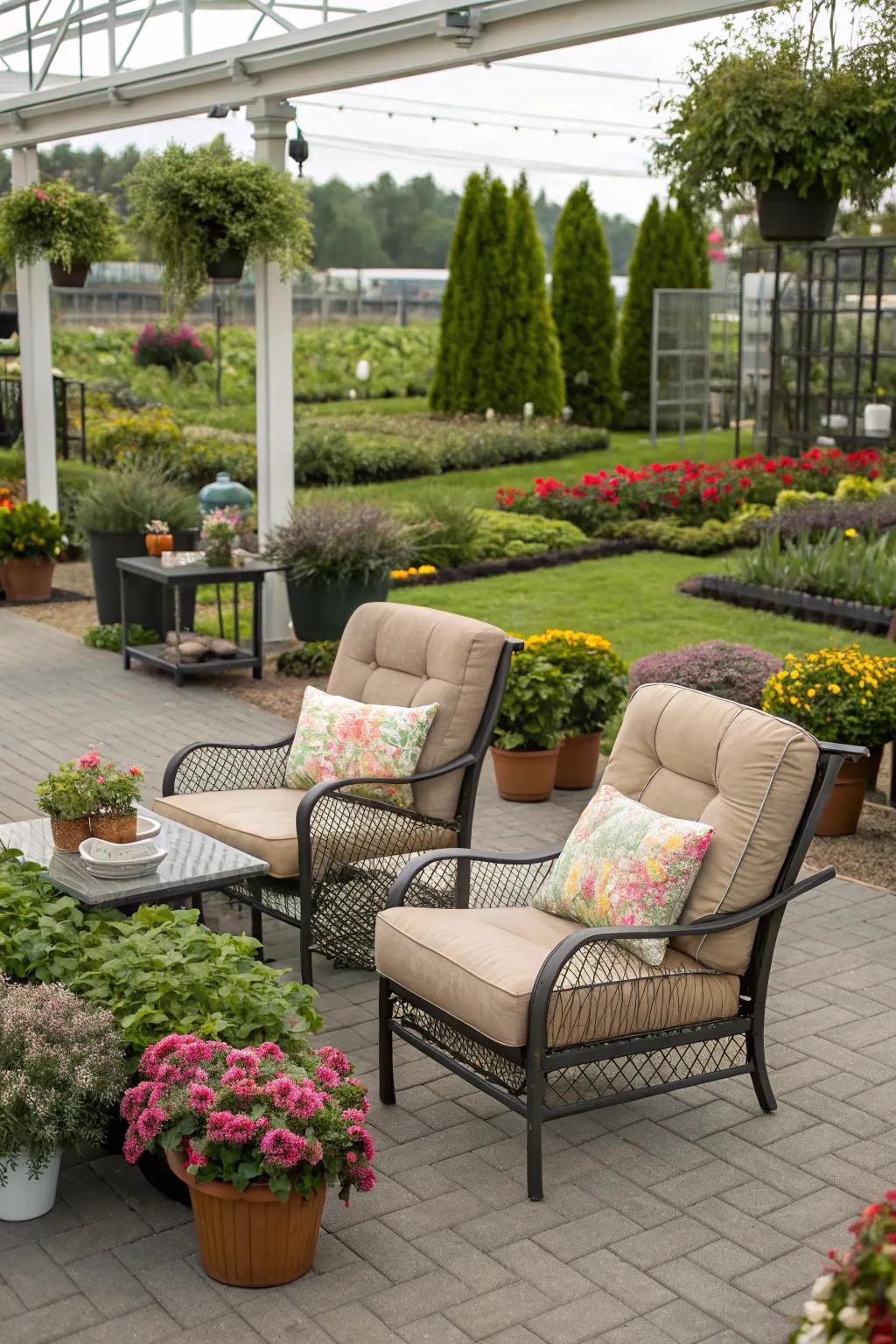 A relaxing garden scene encourages customers to envision plants in their space.