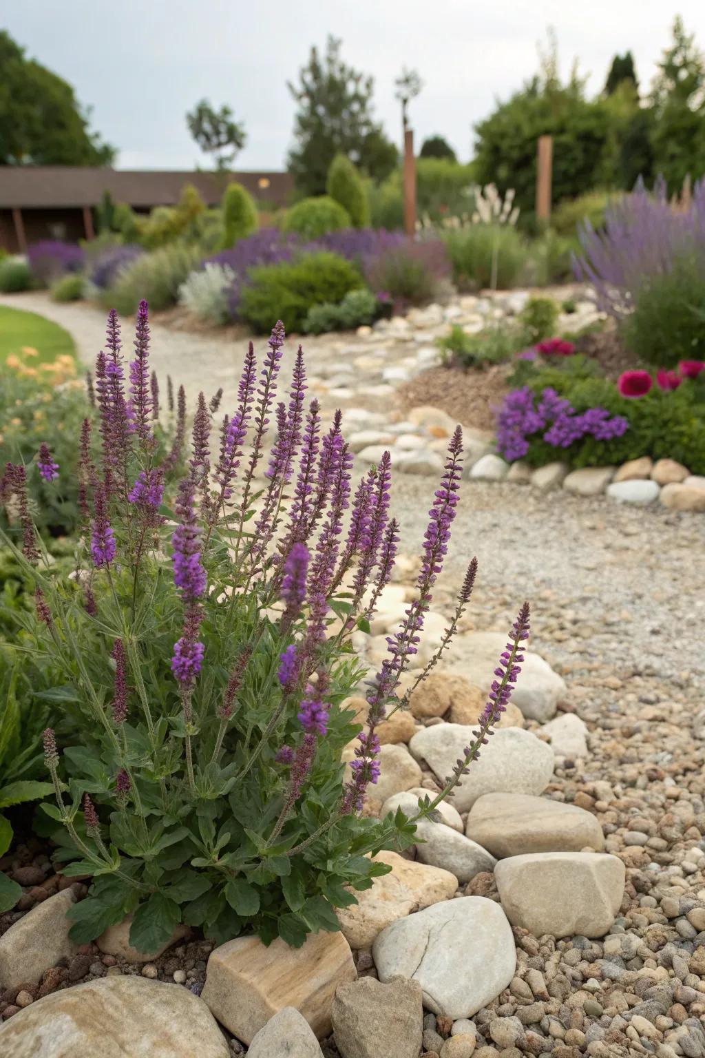 Add a pop of color to your rock garden with salvia.