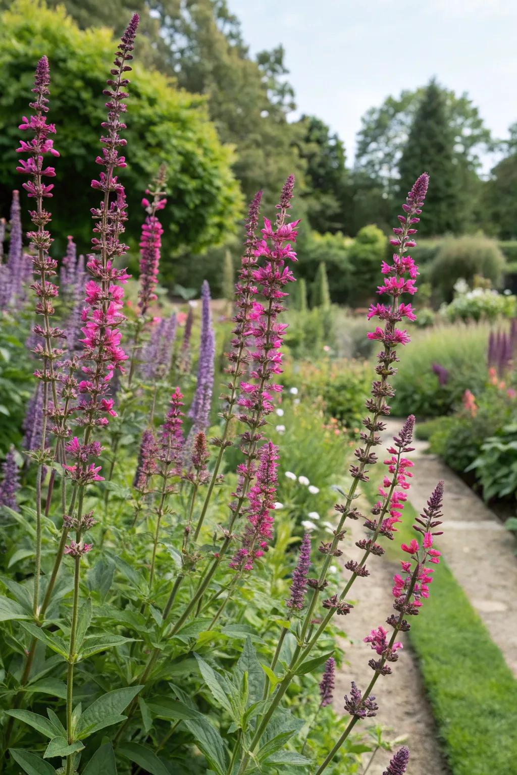 Create vertical interest with towering salvia varieties.