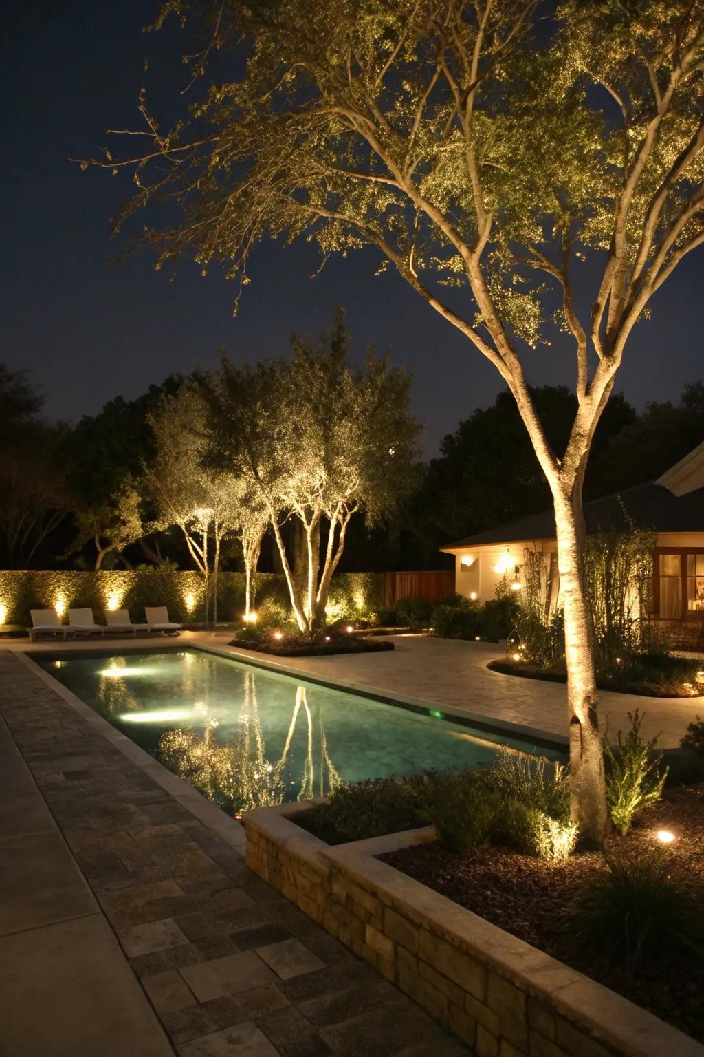 Uplighting transforms trees into dramatic features.