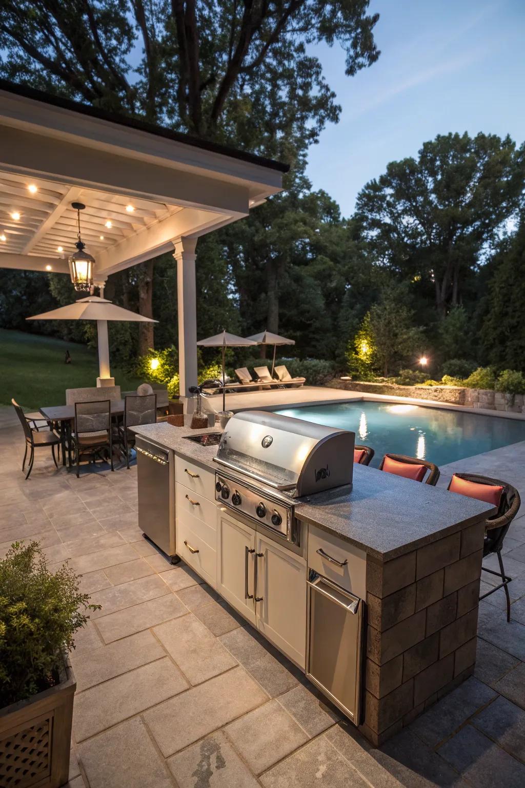 Light up your outdoor kitchen for perfect poolside dining.