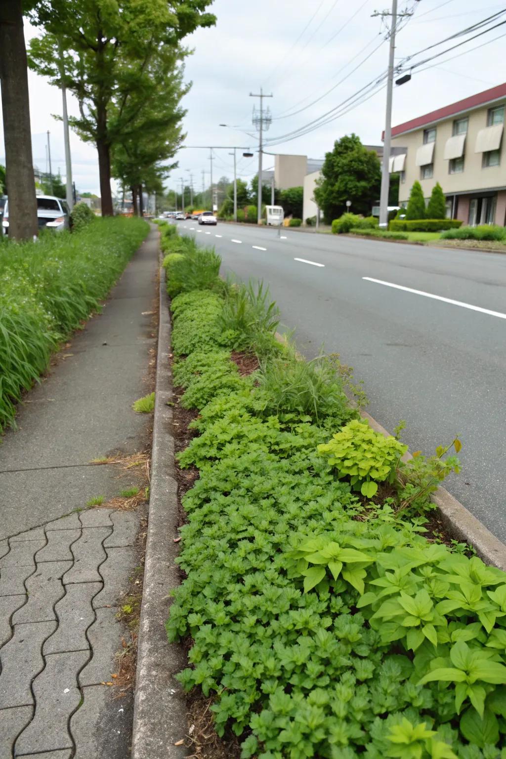 Maximize space with hardy plants in narrow strips.