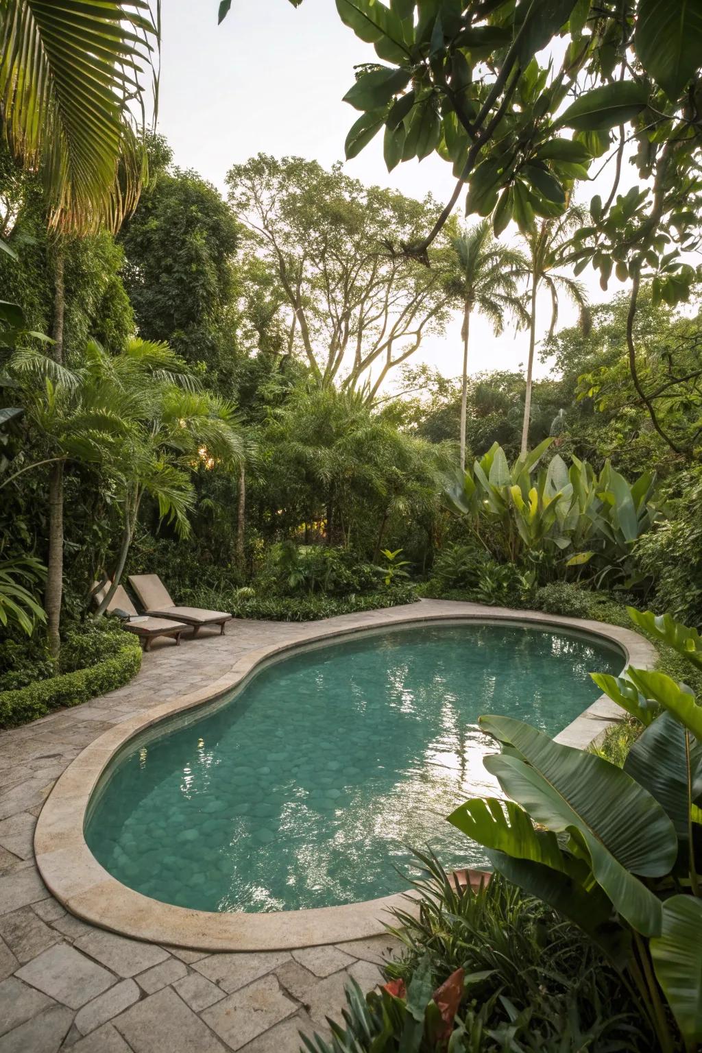 A kidney pool enveloped by lush tropical greenery, offering a serene escape.