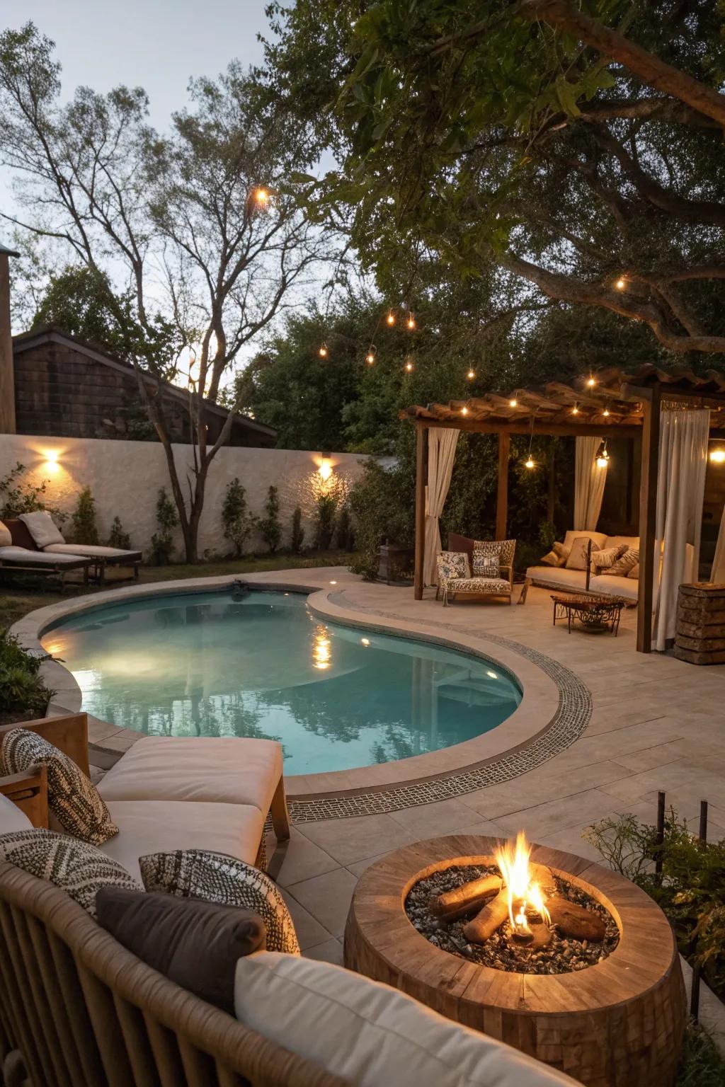 A cozy fire pit next to a kidney pool, perfect for evening relaxation.