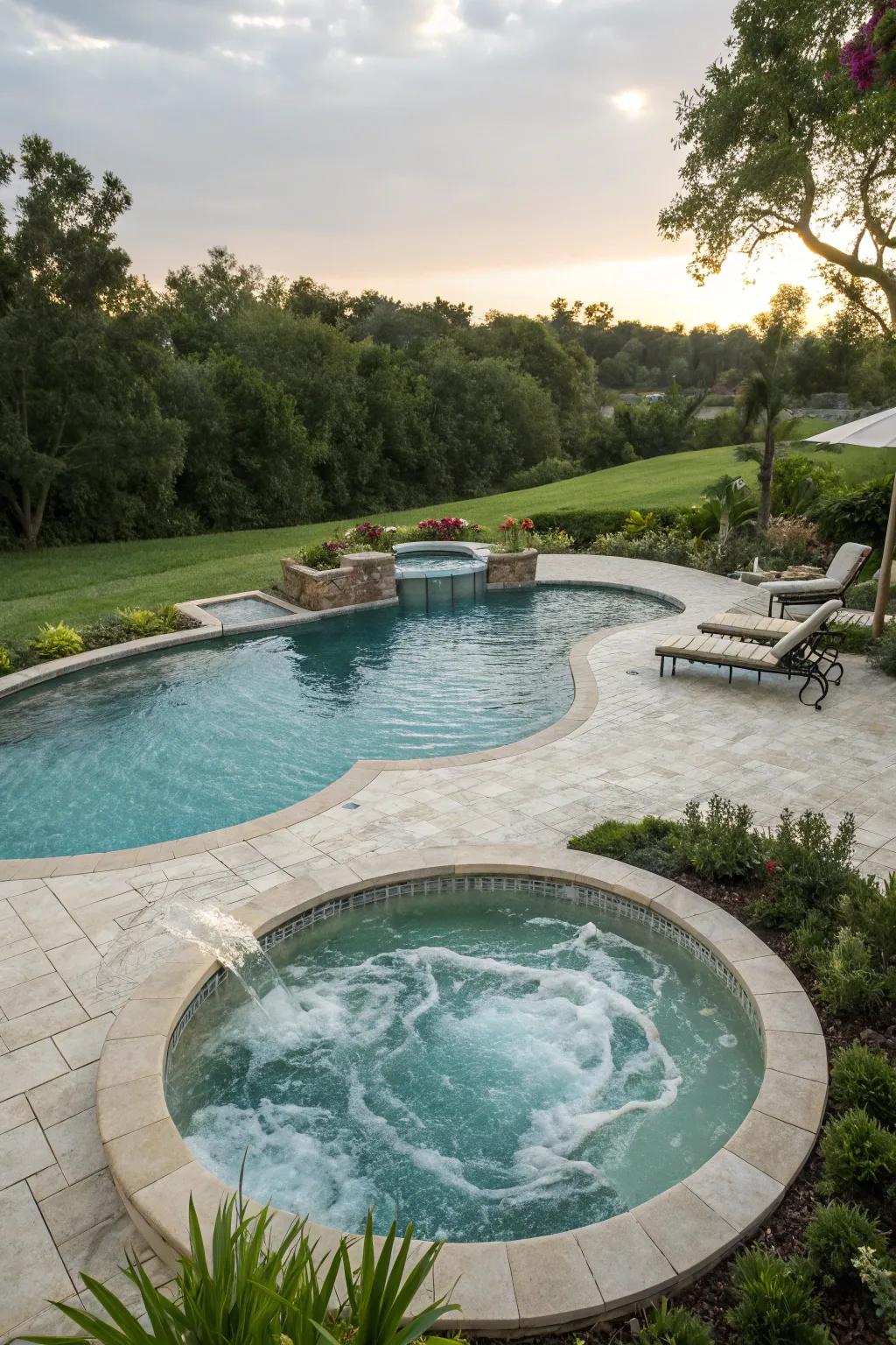 An integrated spa section adds luxury to this kidney-shaped pool.