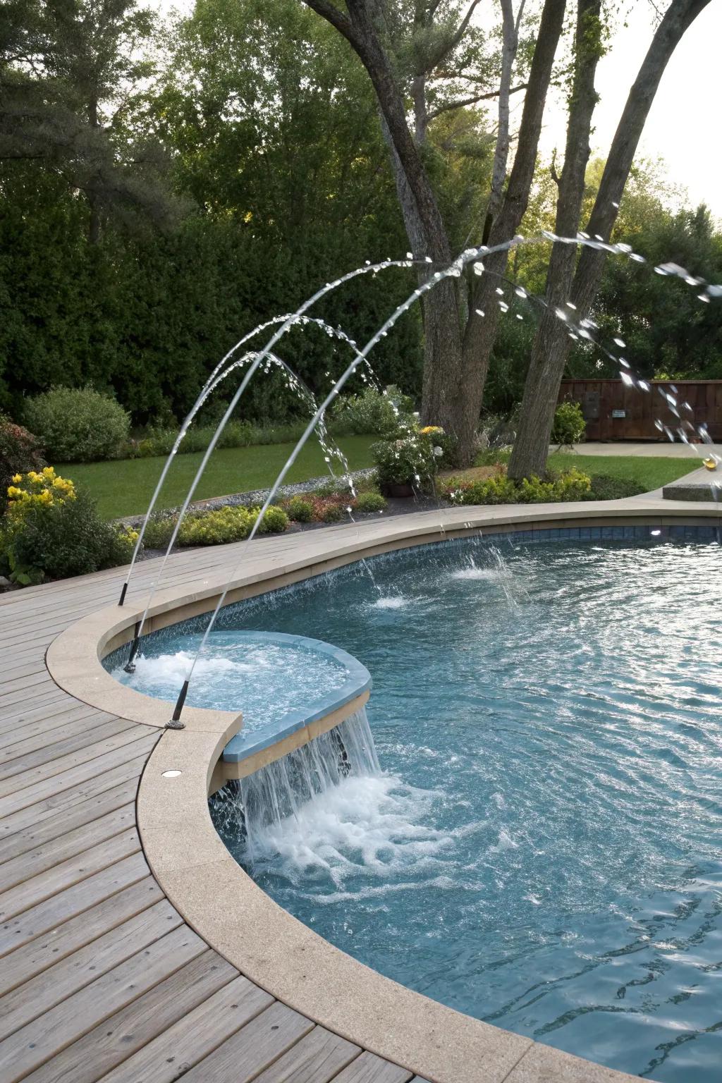 Deck jets add a playful element to this kidney-shaped pool.